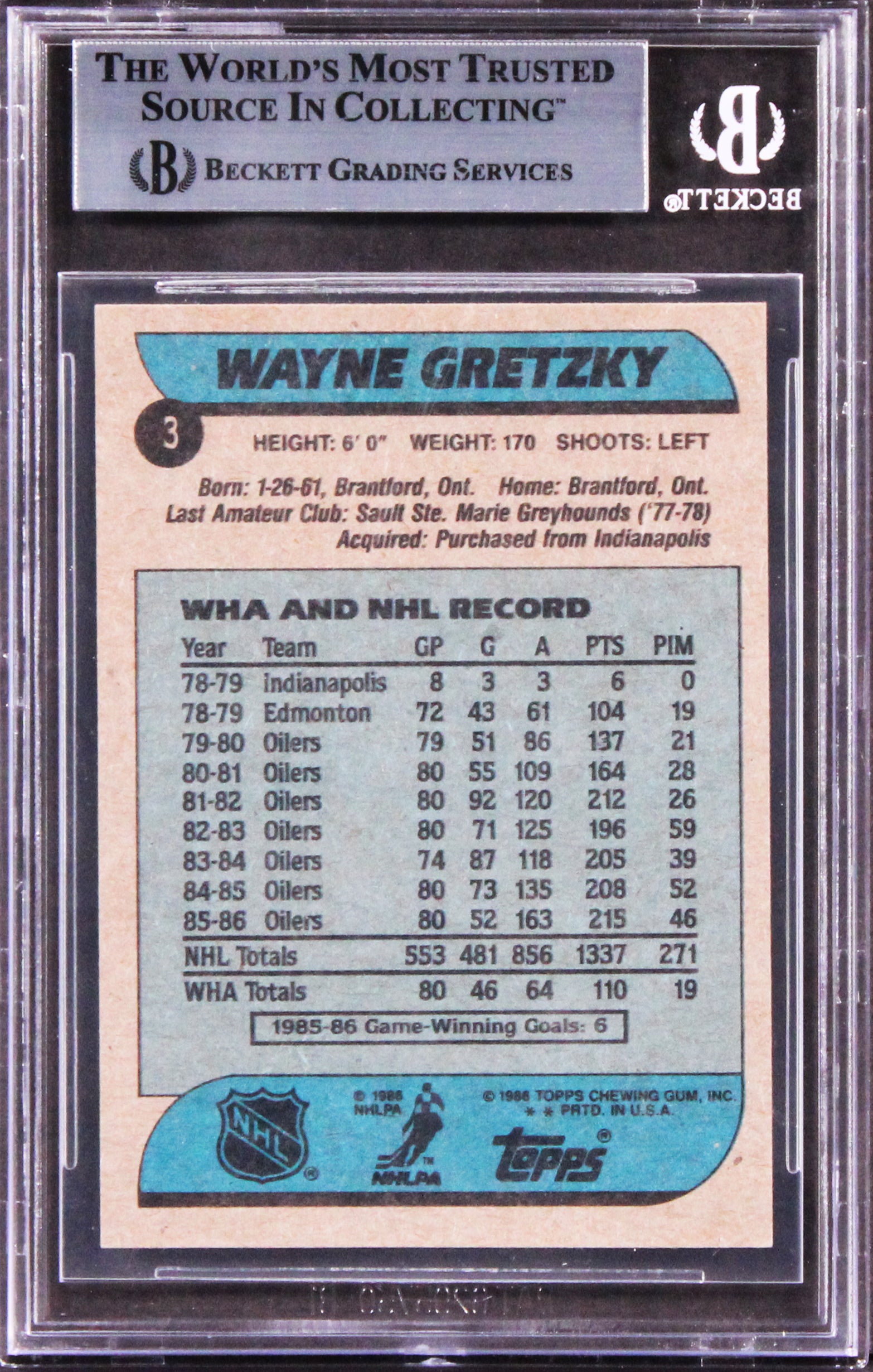 Oilers Wayne Gretzky Authentic Signed 1986 Topps #3 Card Autographed BAS Slabbed