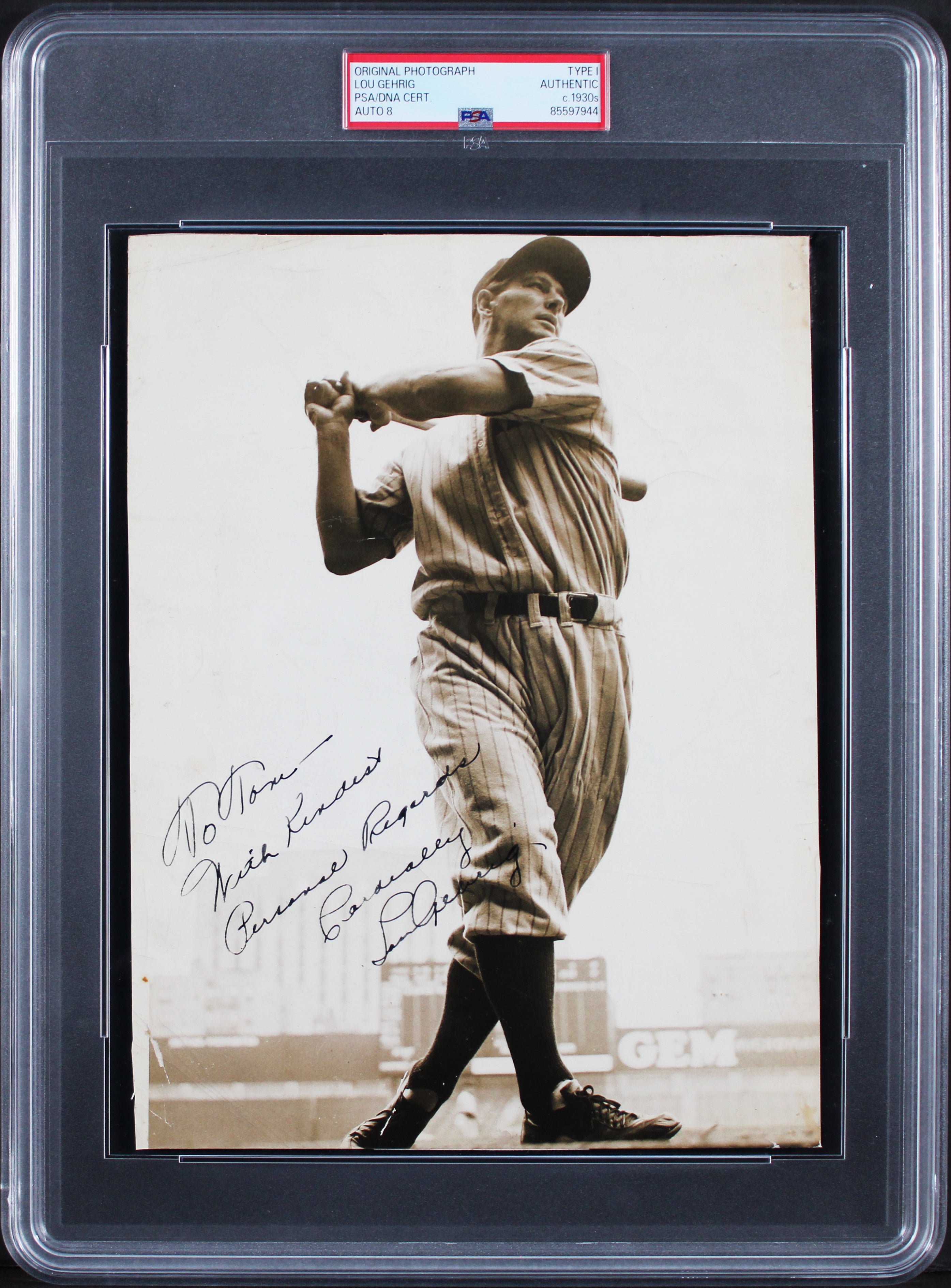 Yankees Lou Gehrig "Cordially" Authentic Signed 7x9.25 Type 1 Photo PSA Slabbed