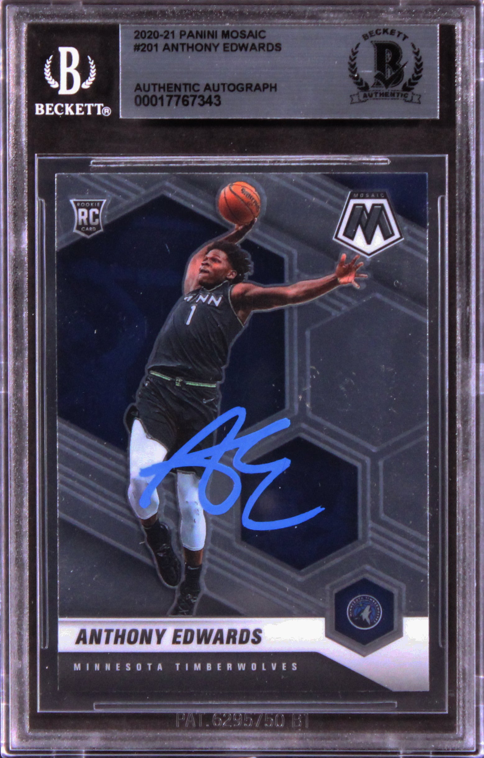Timberwolves Anthony Edwards Signed 2020 Panini Mosaic #201 Card BAS Slabbed