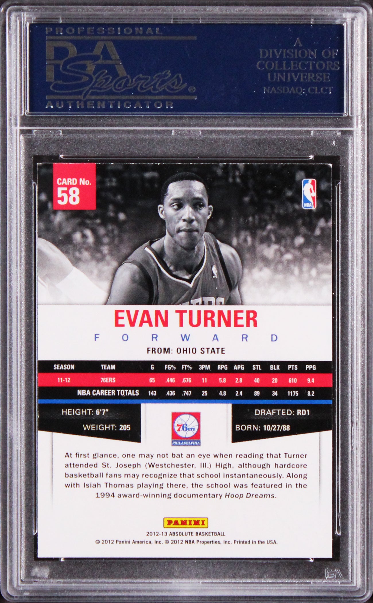 76ers Evan Turner Authentic Signed 2012 Panini Absolute #58 Card PSA/DNA Slabbed
