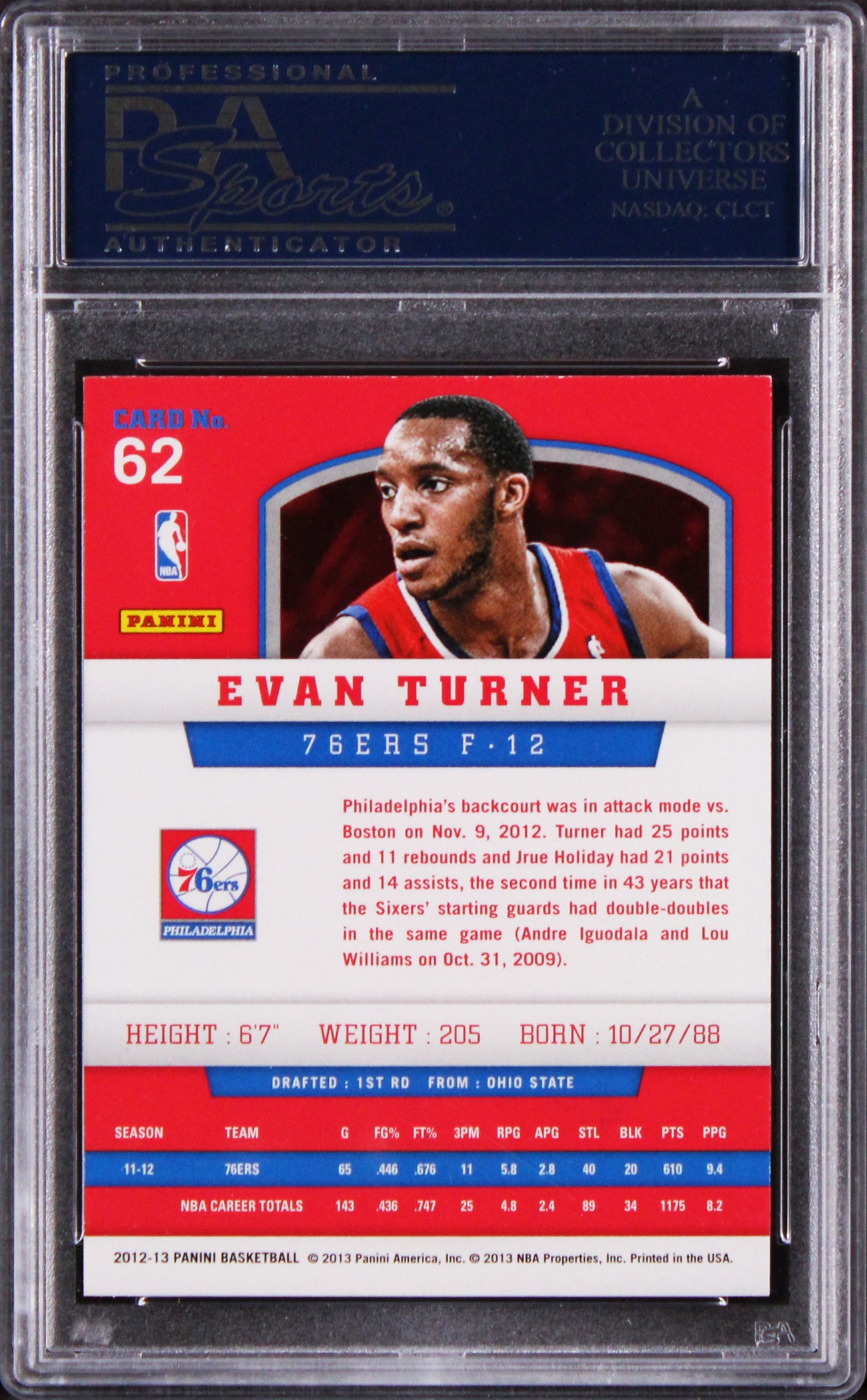 76ers Evan Turner Authentic Signed 2012 Panini #62 Card PSA/DNA Slabbed