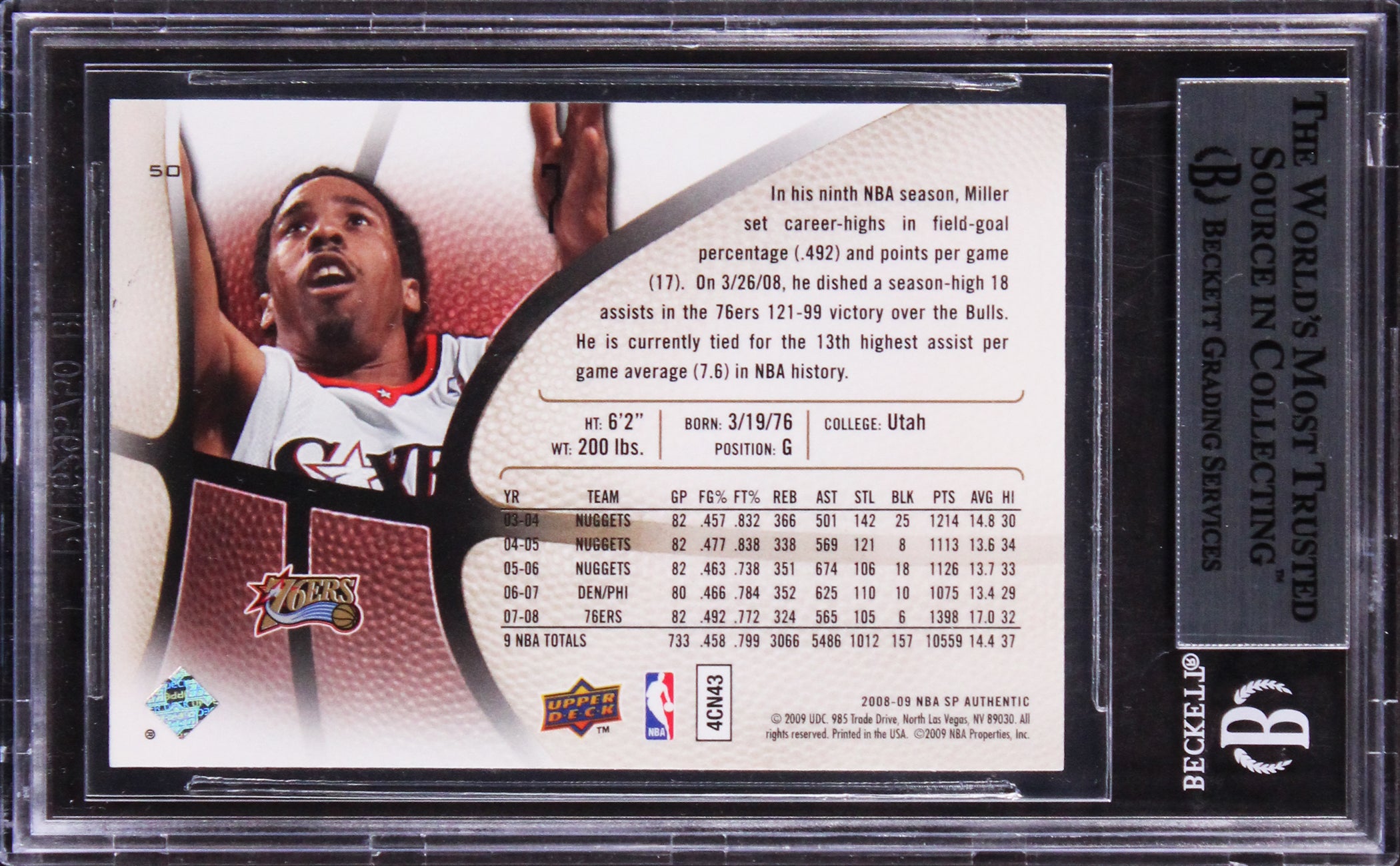 76ers Andre Miller Authentic Signed 2008 SP Authentic #50 Card BAS Slabbed