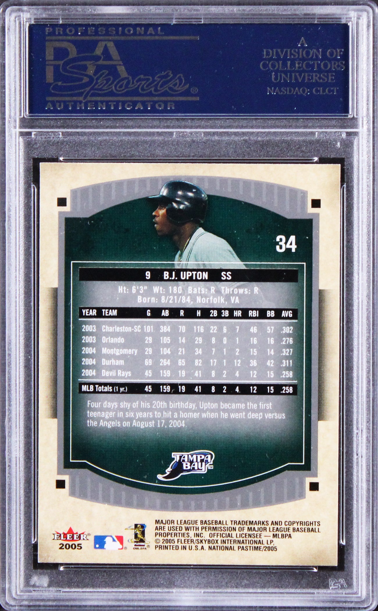 Melvin (BJ) Upton Signed 2005 Fleer National Pastime #34 Card PSA/DNA Slabbed