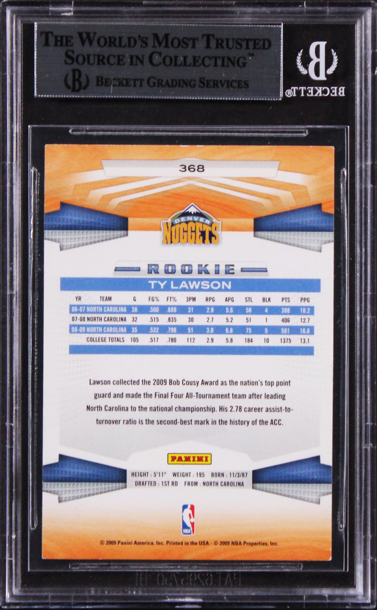 Nuggets Ty Lawson Authentic Signed 2009 Panini #368 Rookie Card BAS Slabbed