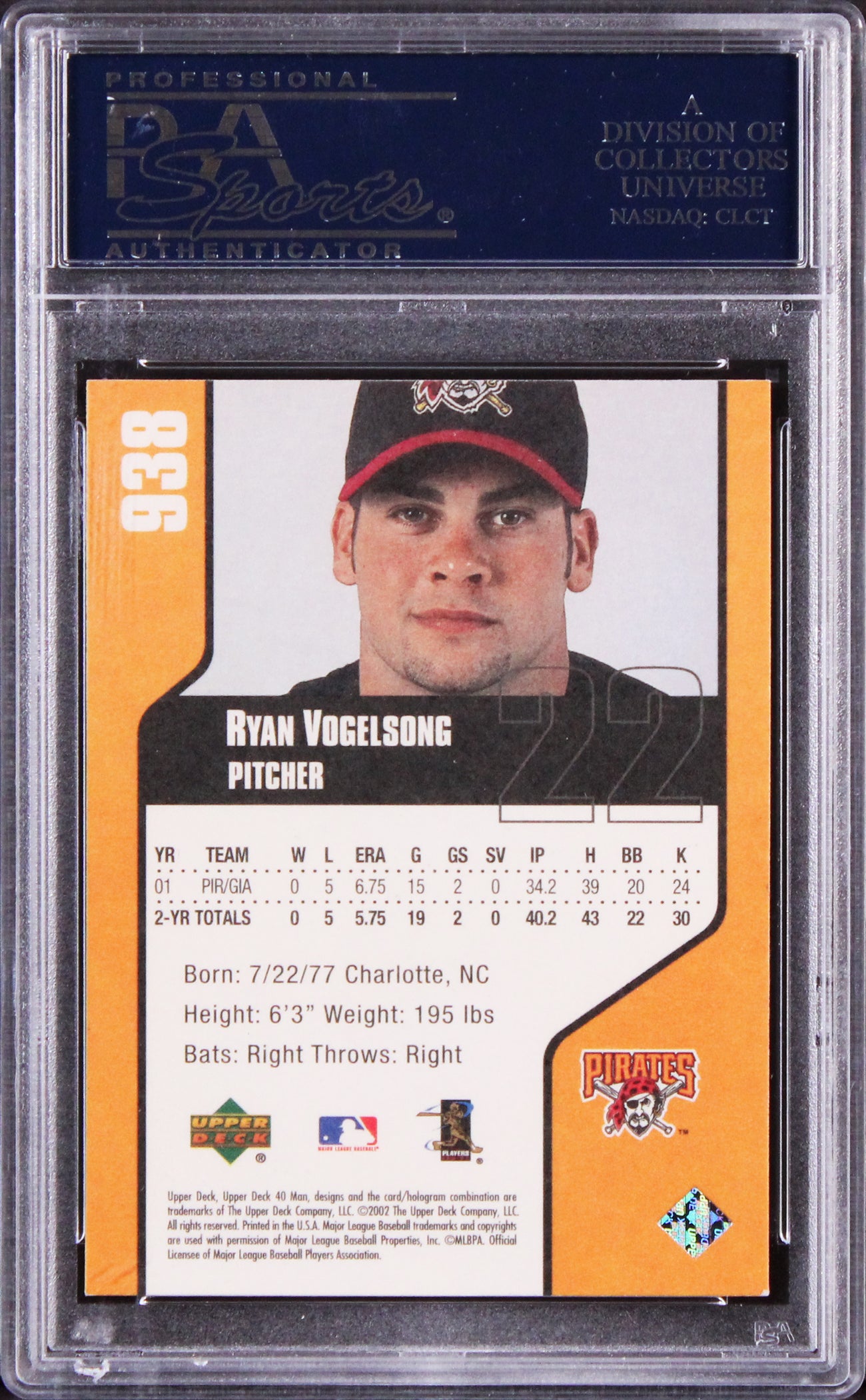 Pirates Ryan Vogelsong Signed 2002 Upper Deck 40 Man #938 Rookie Card PSA Slab