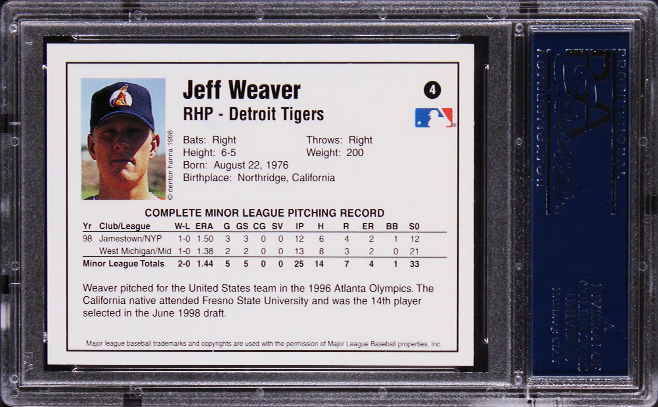 Tigers Jeff Weaver Authentic Signed 1998 Arizona Fall League #4 Card PSA Slabbed