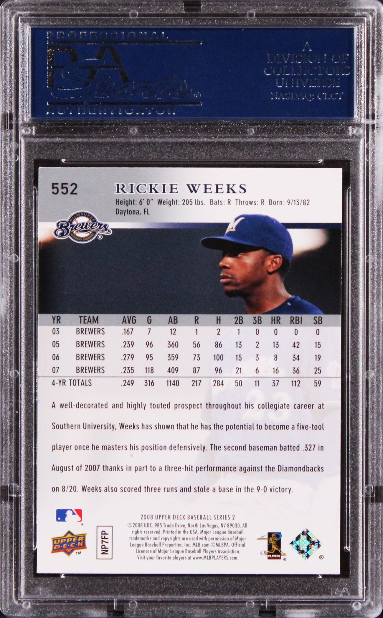 Brewers Rickie Weeks Authentic Signed 2008 Upper Deck #552 Card PSA/DNA Slabbed