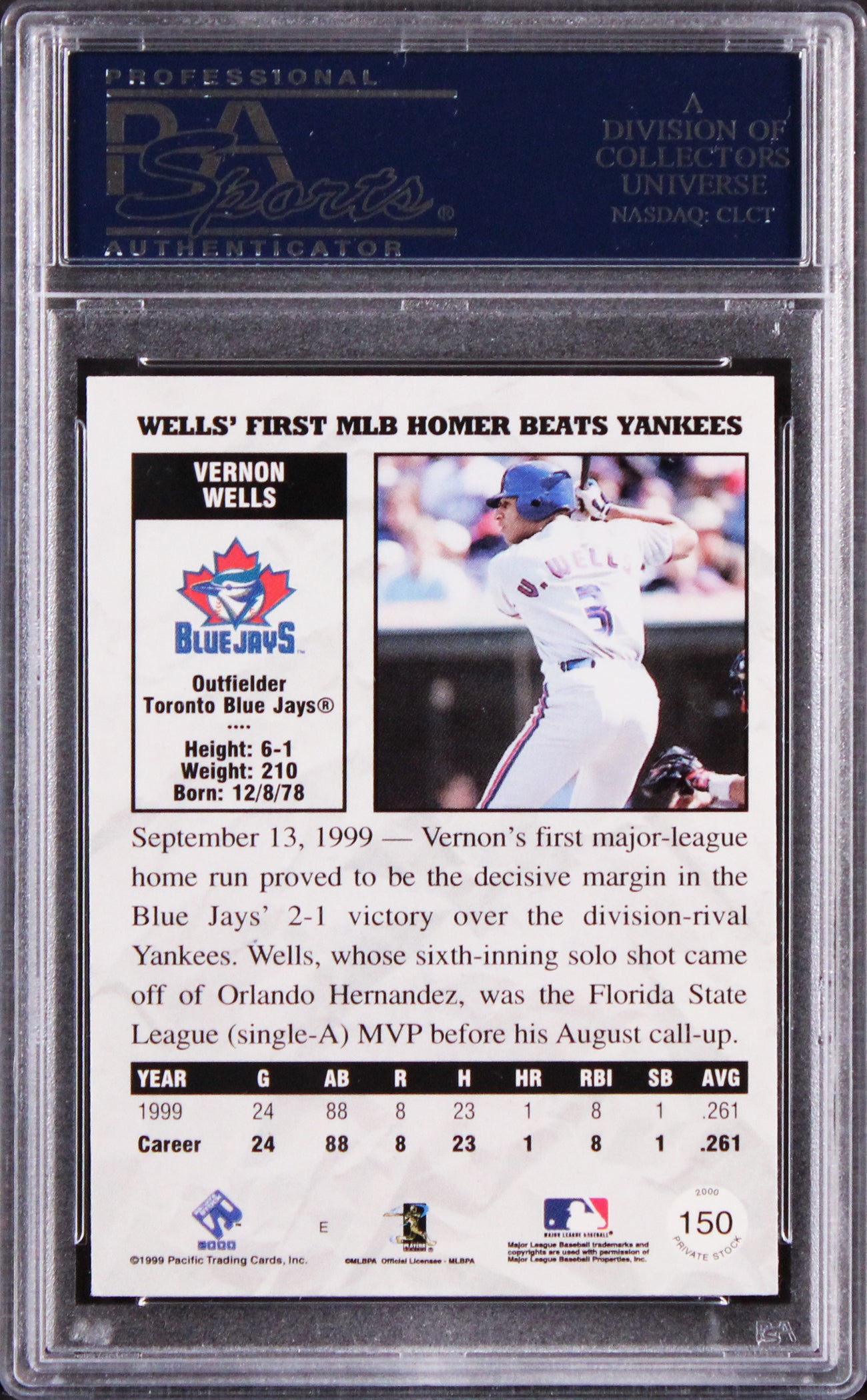Blue Jays Vernon Wells Signed 2000 Pacific Private Stock #150 RC Card PSA Slab
