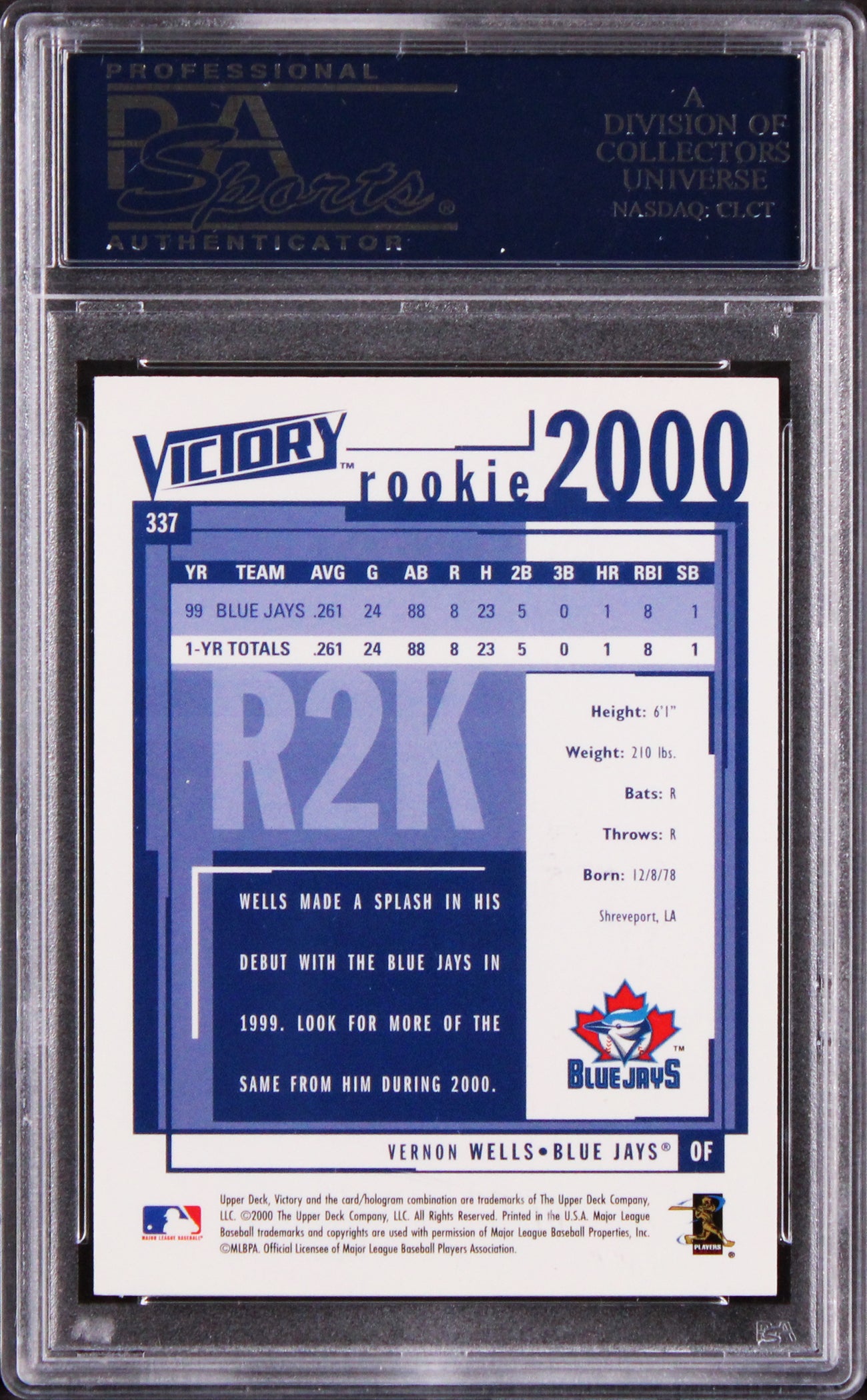 Blue Jays Vernon Wells Signed 2000 Upper Deck Victory #337 Rookie Card PSA Slab