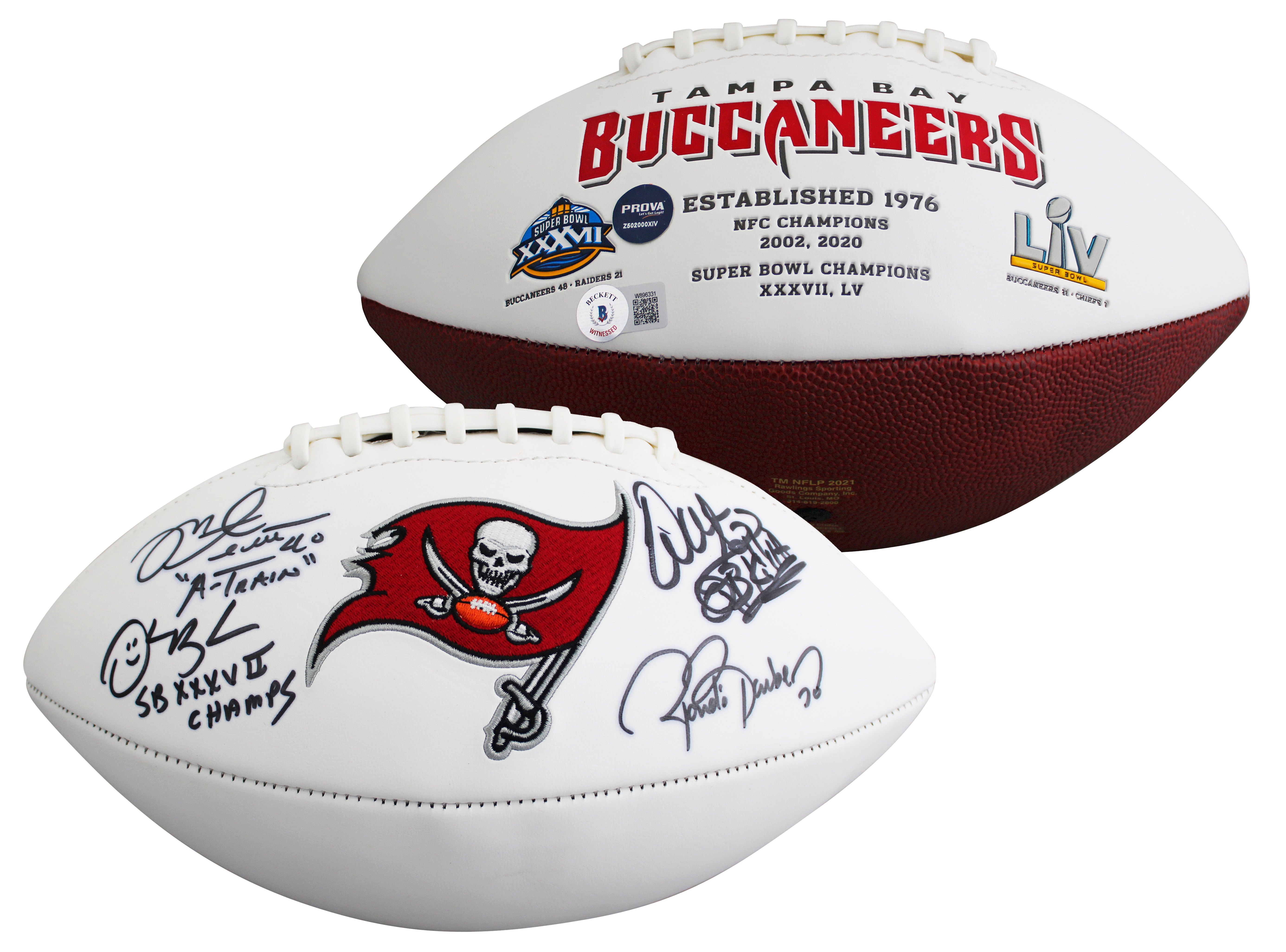 Bucs (4) Sapp, Barber, Alstott & Brooks Signed White Panel Logo Football BAS Wit