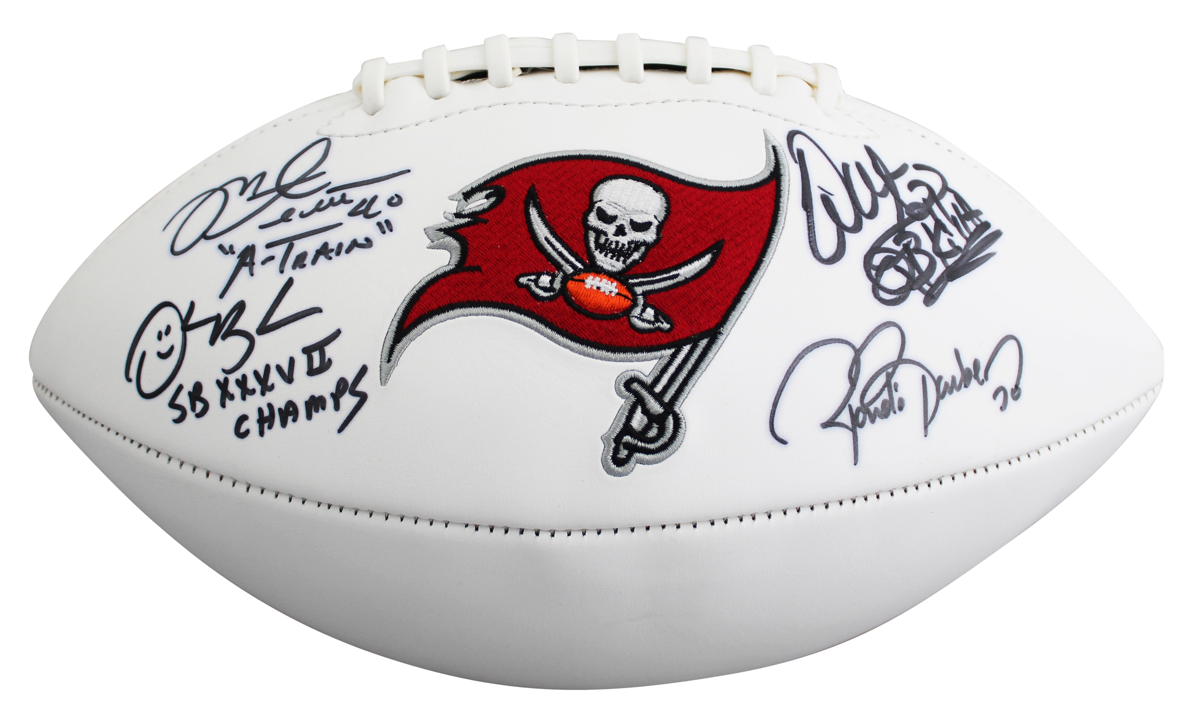 Bucs (4) Sapp, Barber, Alstott & Brooks Signed White Panel Logo Football BAS Wit