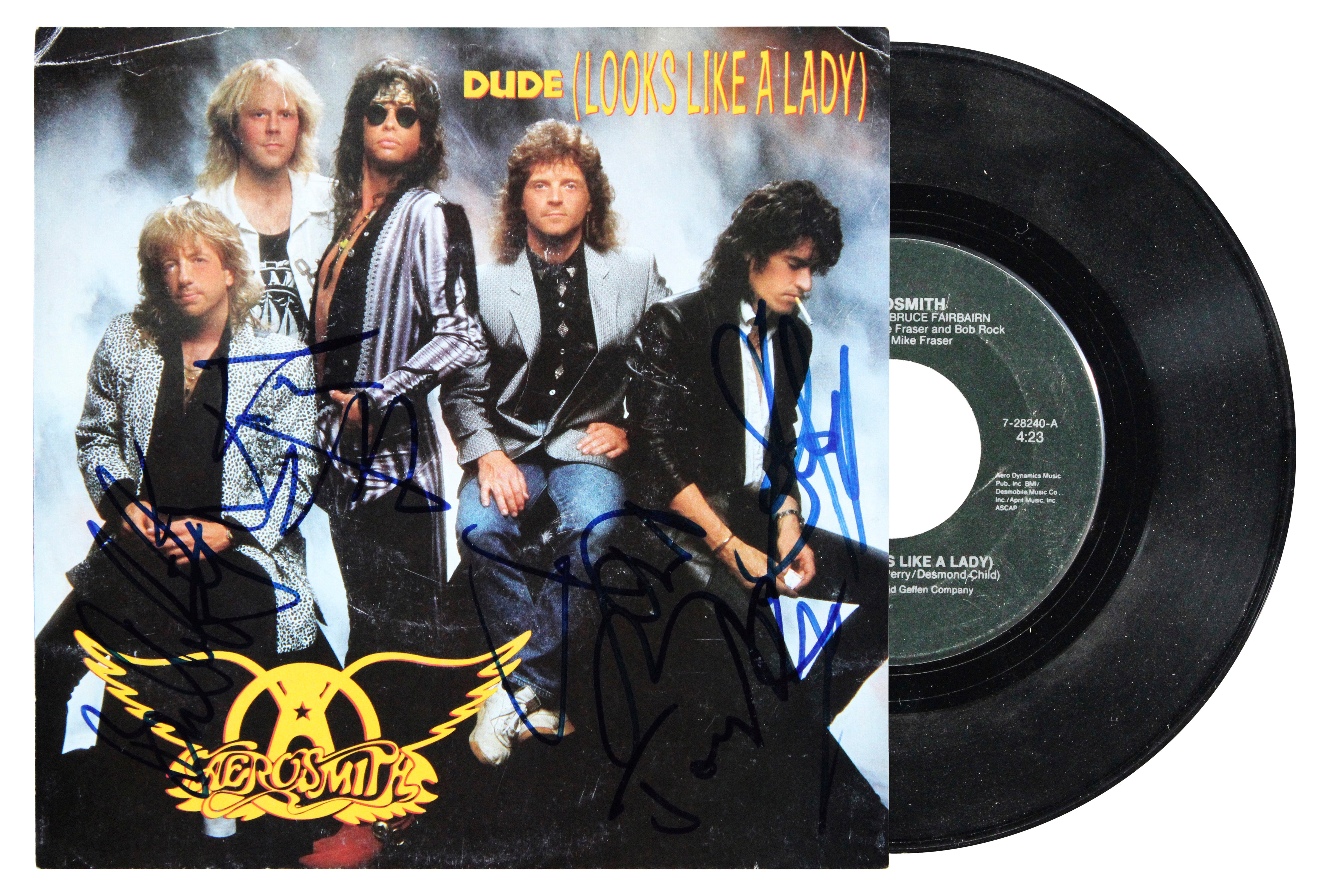 Aerosmith (5) Tyler, Perry, Hamilton +2 Signed 45 RPM Album Cover W/ Vinyl BAS