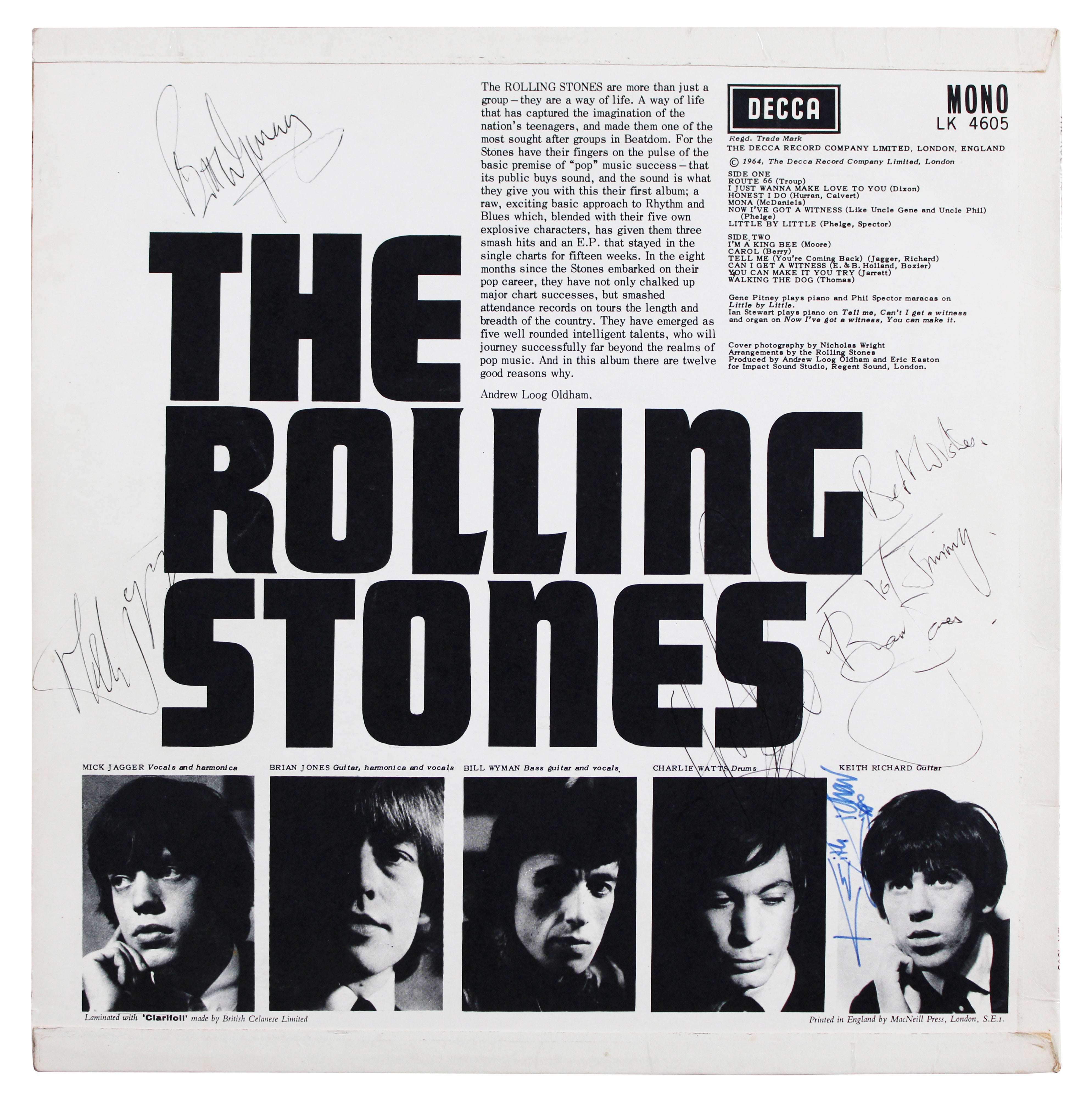 Rolling Stones (5) Jagger, Richards, Jones, Watts & Wyman Signed Album Cover BAS