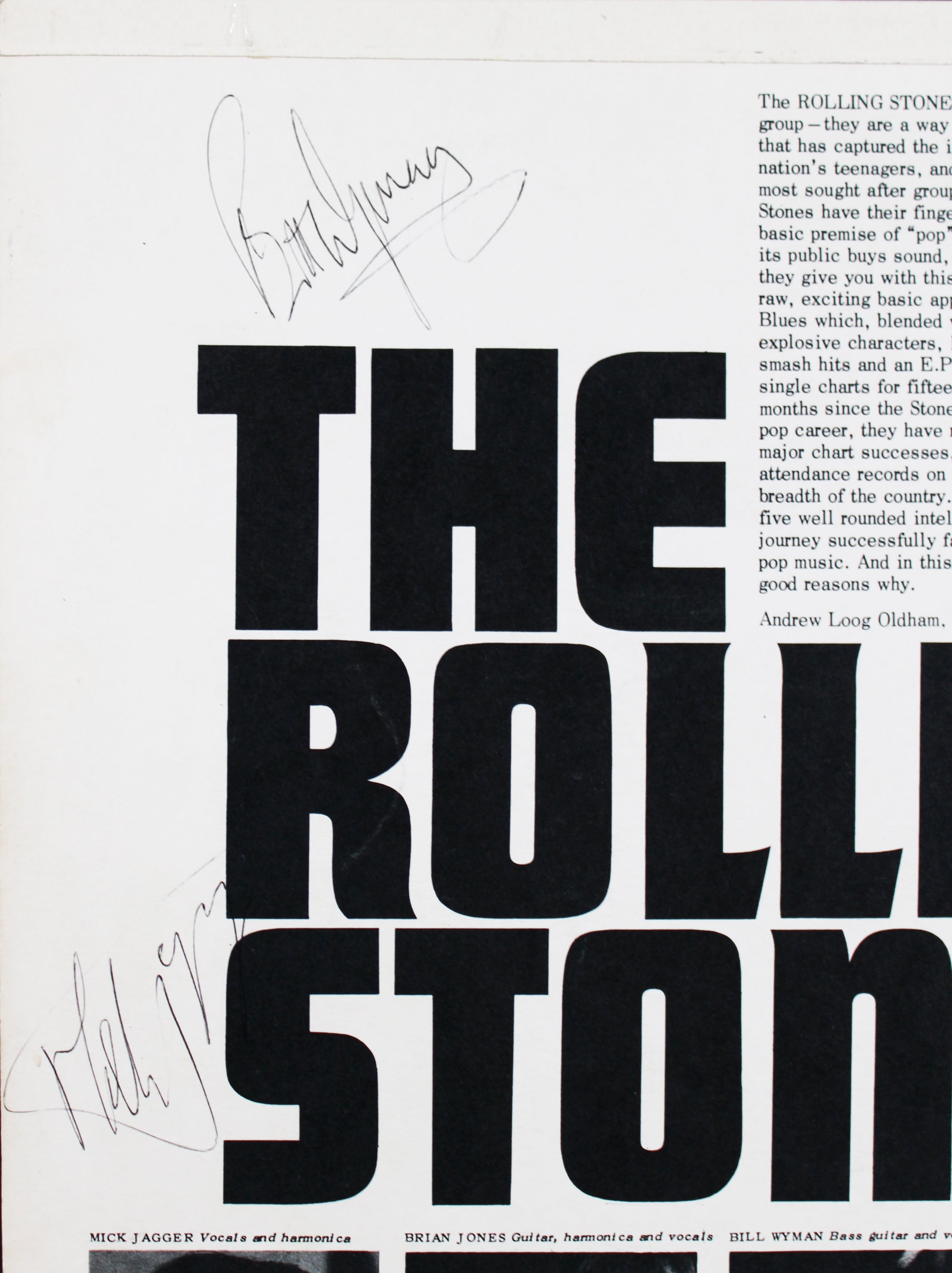 Rolling Stones (5) Jagger, Richards, Jones, Watts & Wyman Signed Album Cover BAS