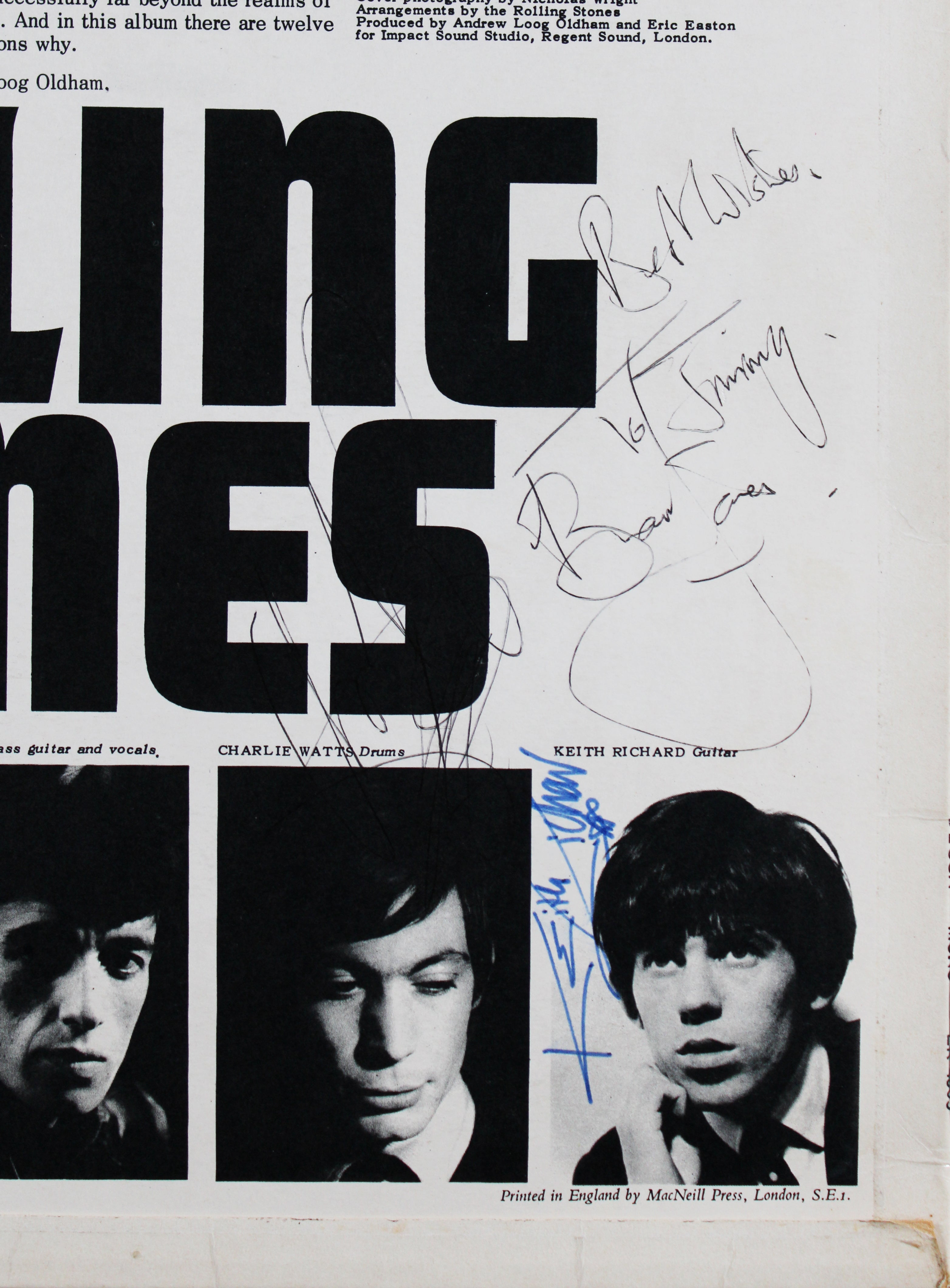 Rolling Stones (5) Jagger, Richards, Jones, Watts & Wyman Signed Album Cover BAS