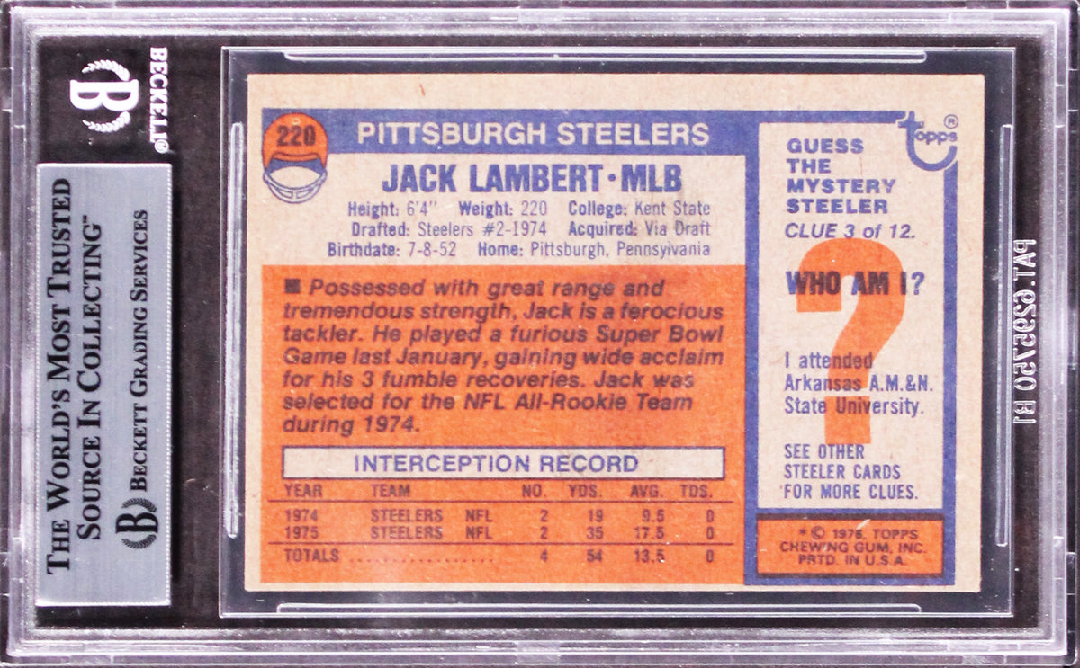 Steelers Jack Lambert HOF 90 Authentic Signed 1976 Topps #220 Card BAS Slabbed