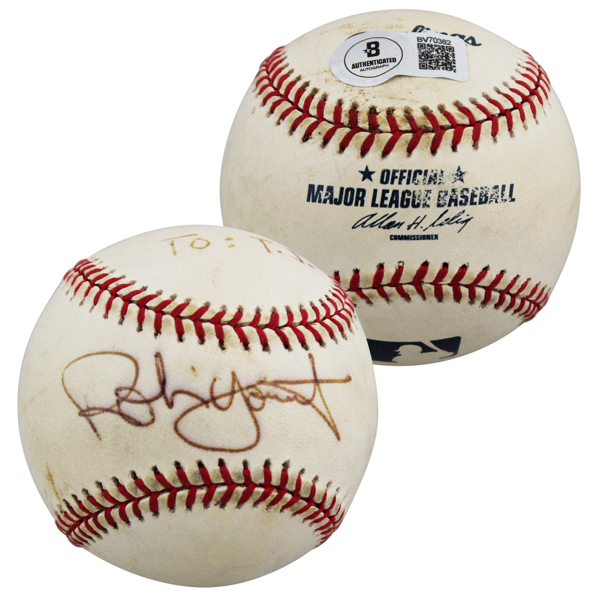 Brewers Robin Yount "To: T.J." Signed Game Used Sellig OML Baseball BAS #BV70382