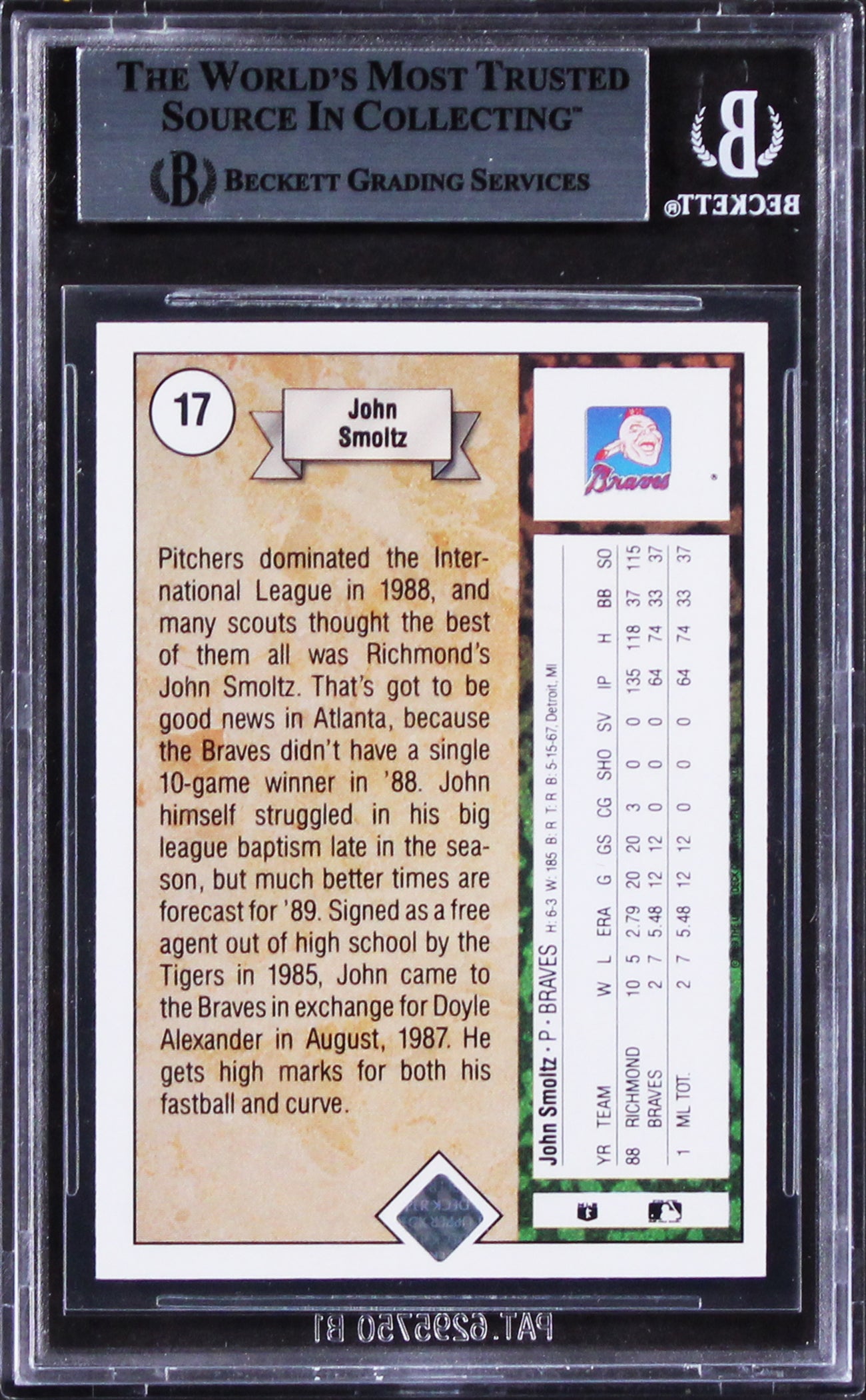 Braves John Smoltz  Authentic Signed 1989 Upper Deck #17 Rookie Card BAS Slabbed