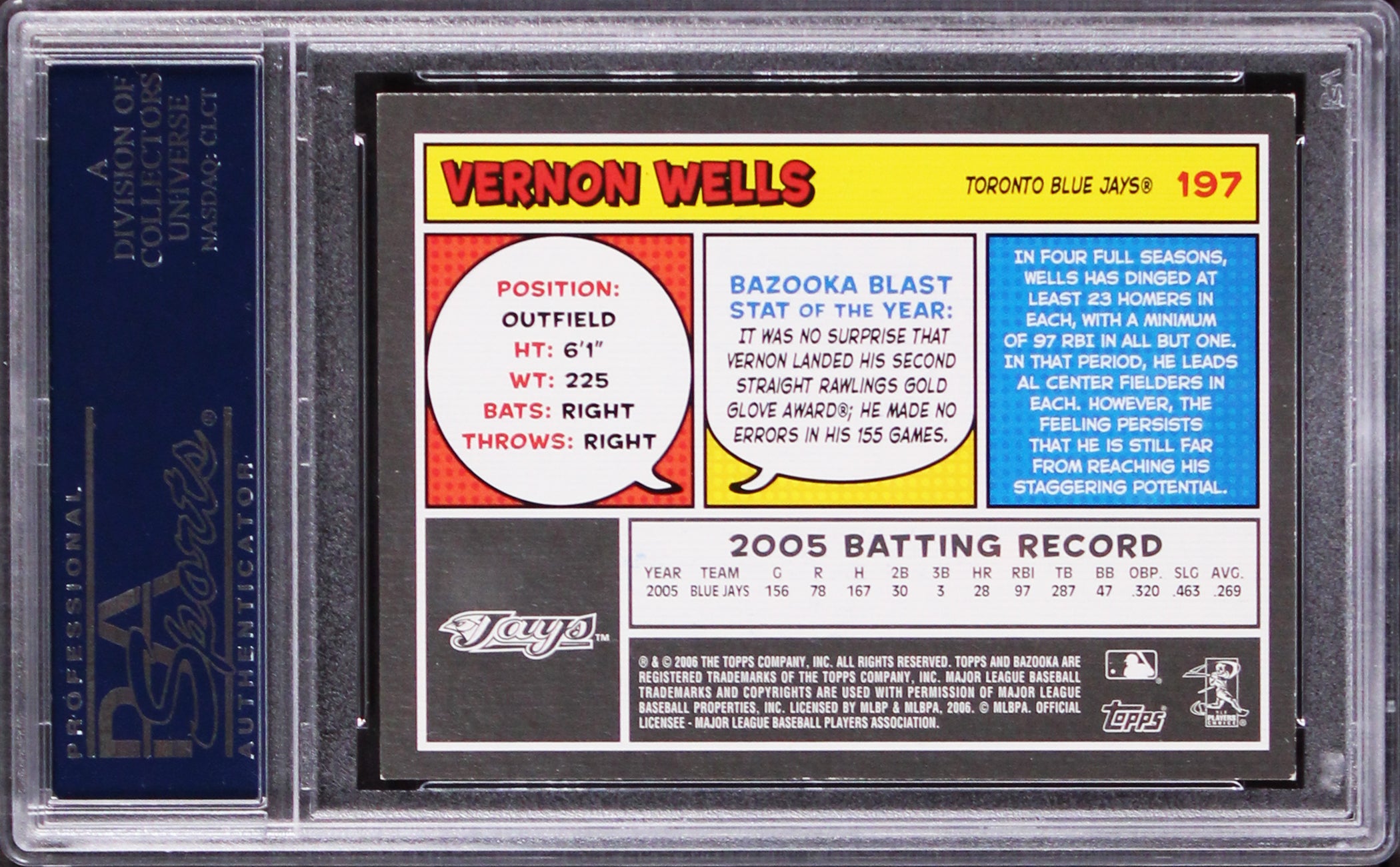 Blue Jays Vernon Wells Authentic Signed 2006 Bazooka #197 Card PSA/DNA Slabbed