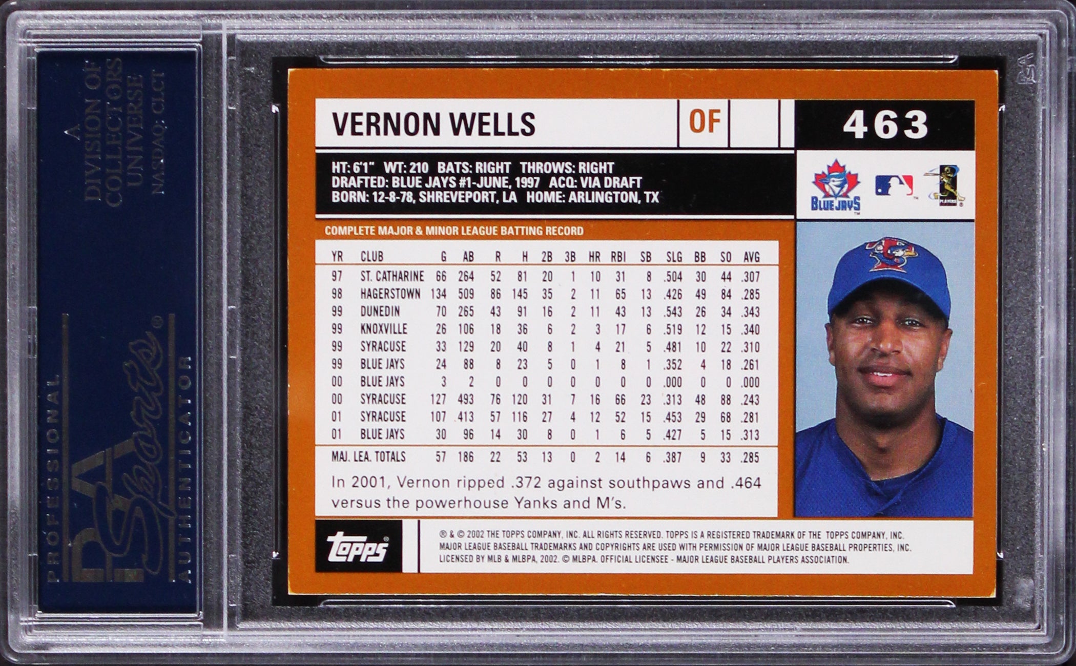 Blue Jays Vernon Wells Authentic Signed 2002 Topps #463 Card PSA/DNA Slabbed