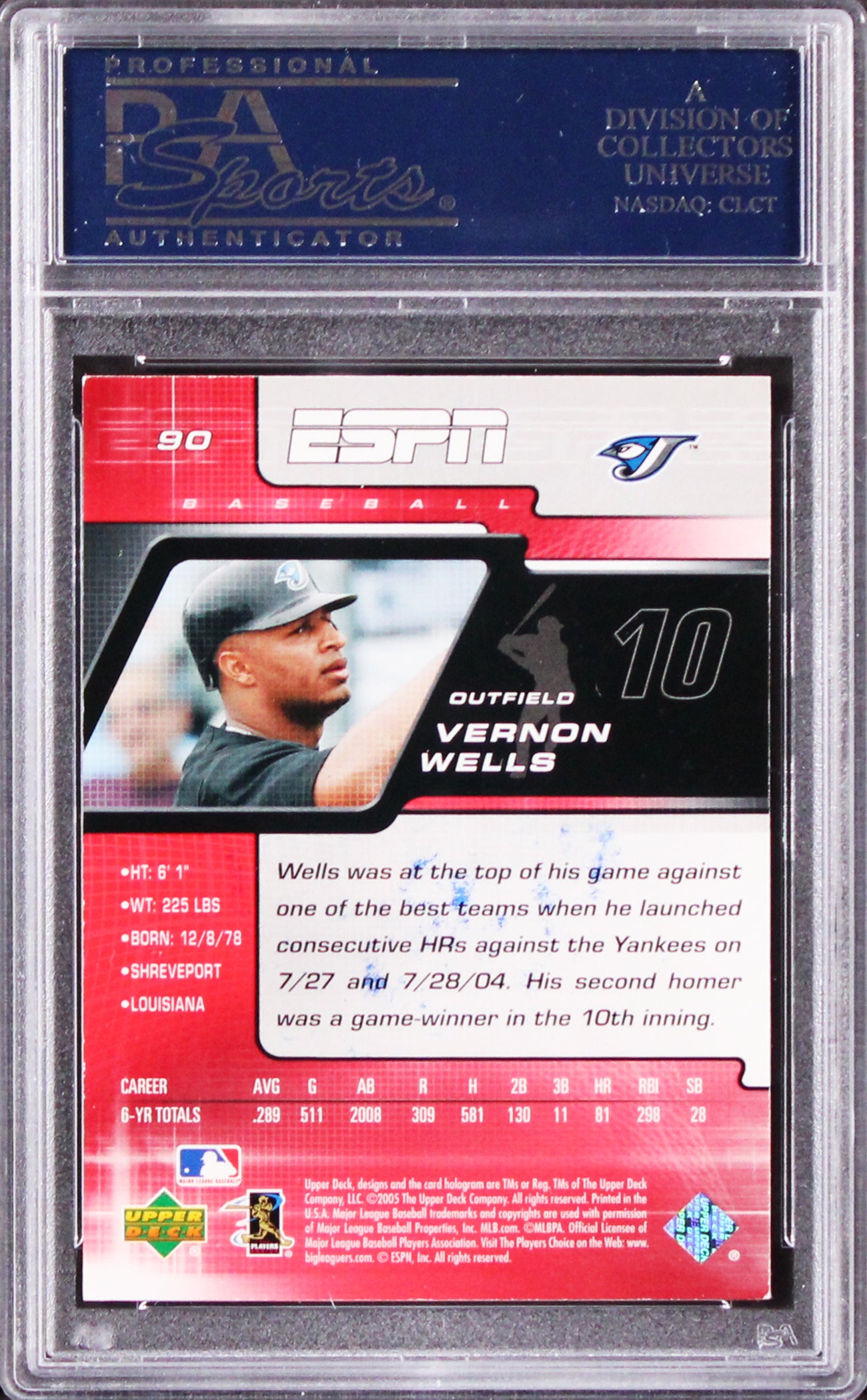 Blue Jays Vernon Wells Authentic Signed 2005 Upper Deck ESPN #90 Card PSA Slab