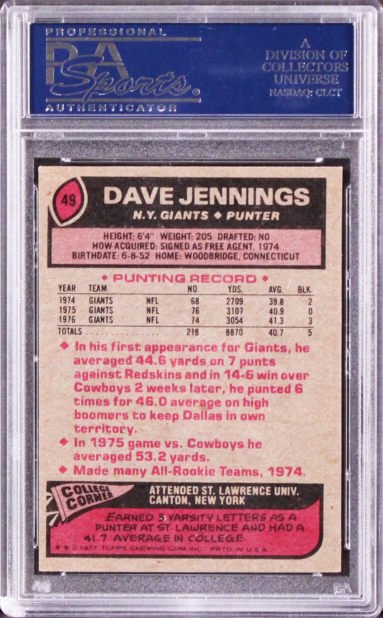 Giants Dave Jennings Authentic Signed 1977 Topps #49 Card PSA/DNA Slabbed