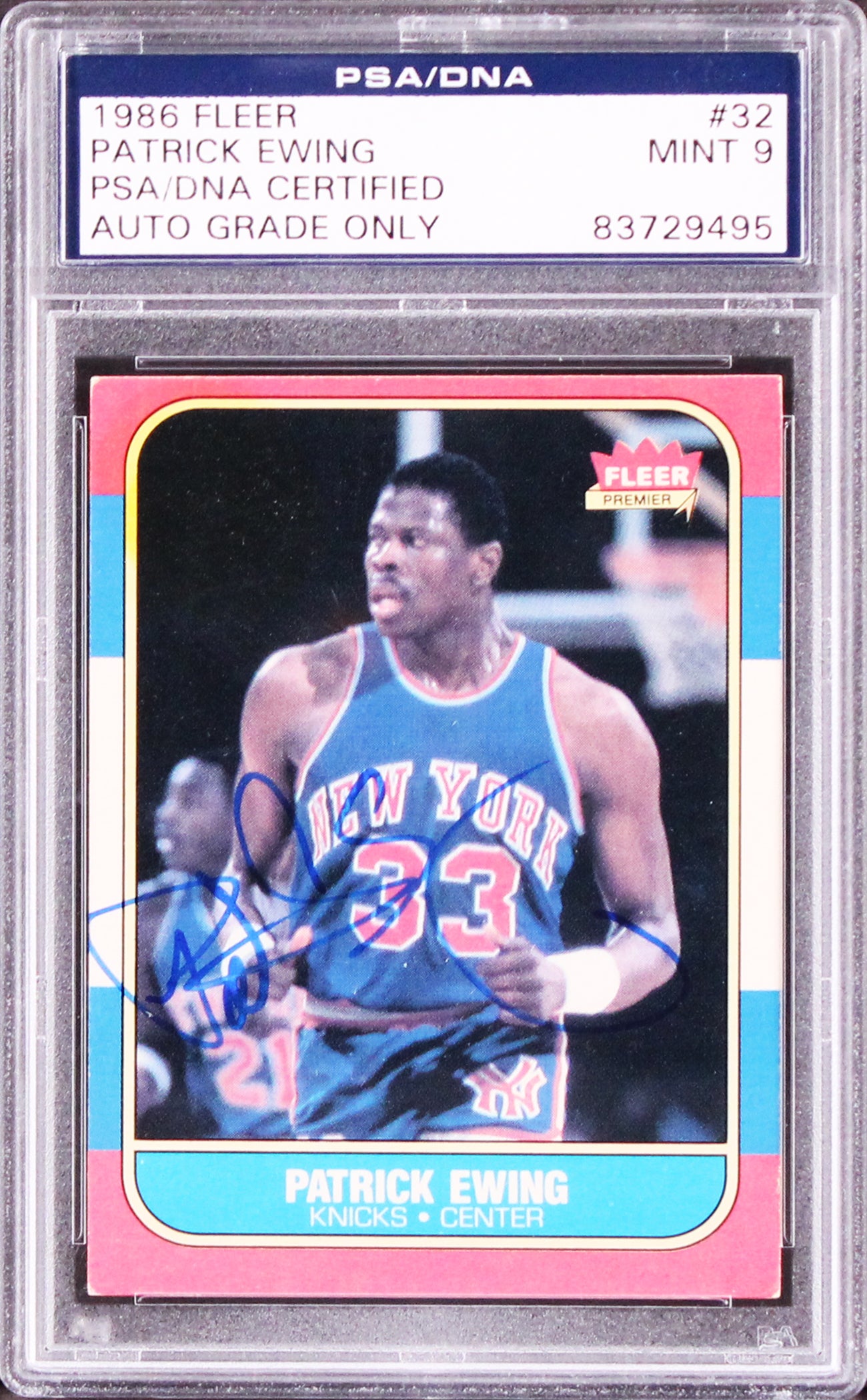 Knicks Patrick Ewing Signed 1986 Fleer #32 Card Auto Graded Mint 9! PSA Slabbed