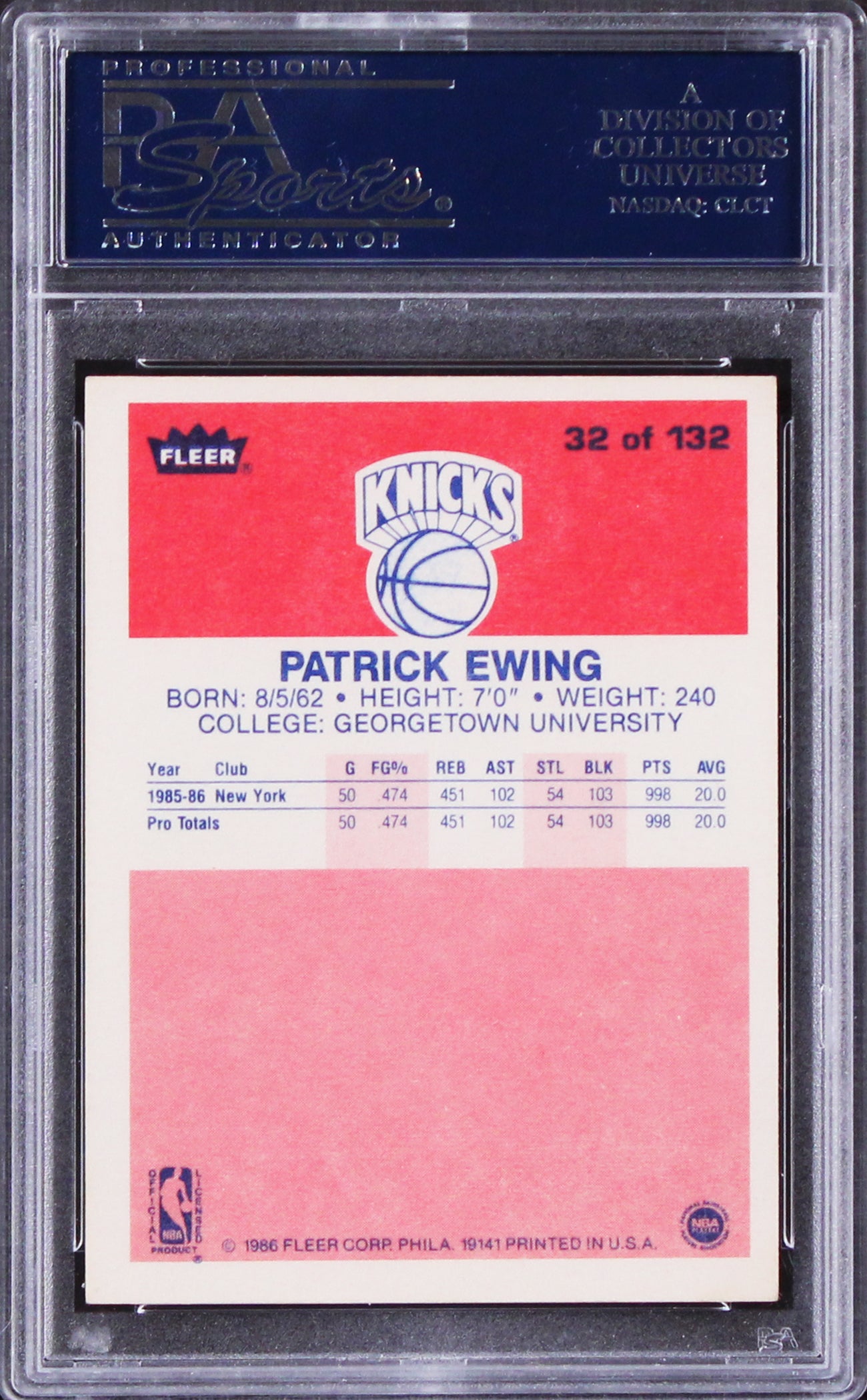 Knicks Patrick Ewing Signed 1986 Fleer #32 Card Auto Graded Mint 9! PSA Slabbed