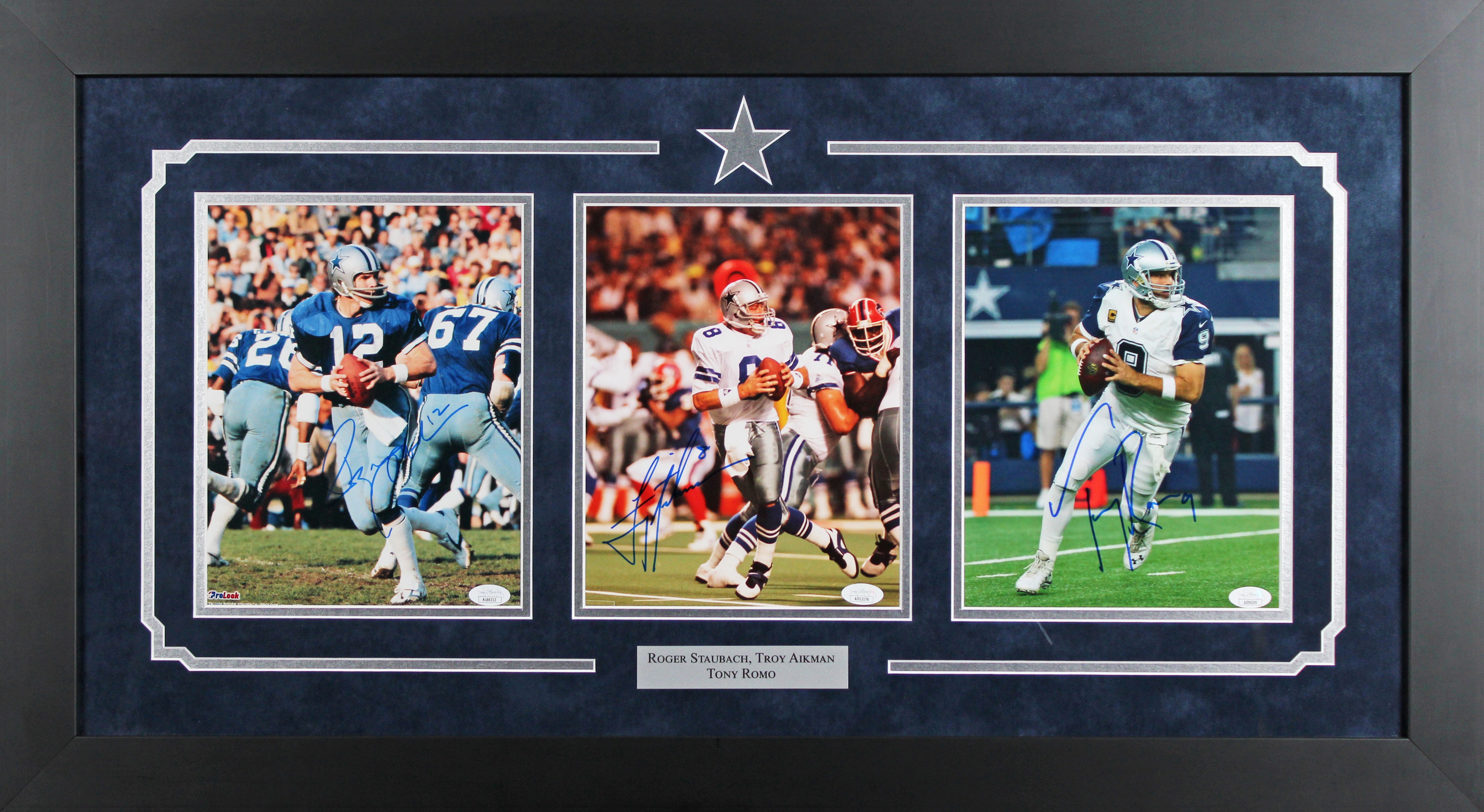 Cowboys Roger Staubach, Troy Aikman & Tony Romo Signed 8x10 Framed Photo JSA