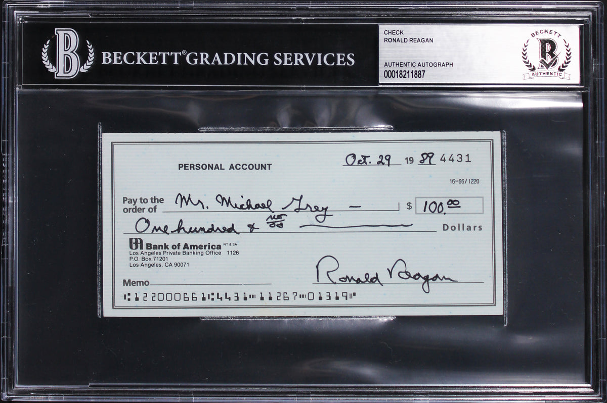 Ronald Reagan Authentic Signed 2.75x6 Check Dated October 29, 1989 BAS Slabbed