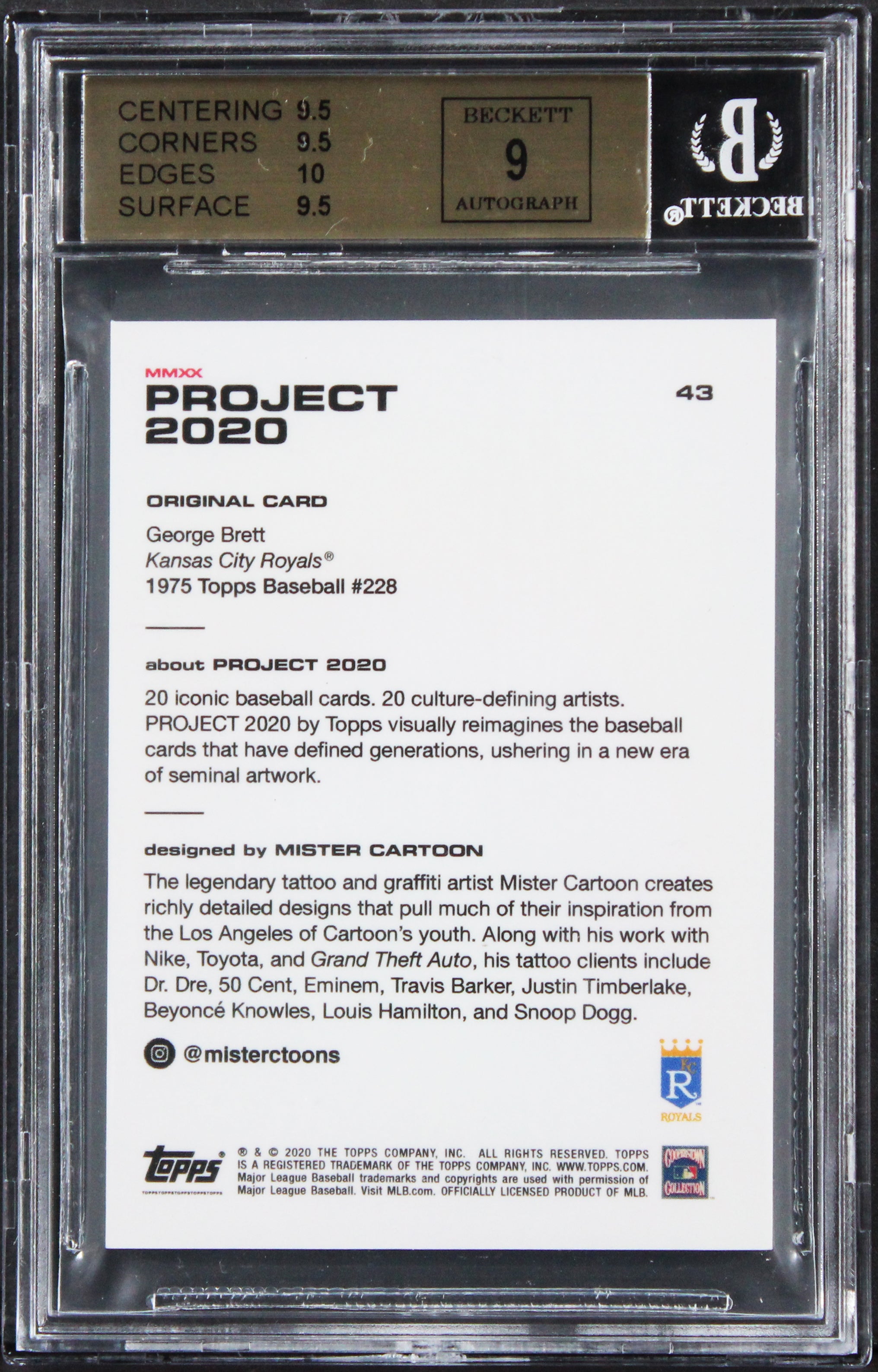 Royals George Brett Signed Topps Project 2020 #43 Card 9.5, Auto 9! BAS Slabbed