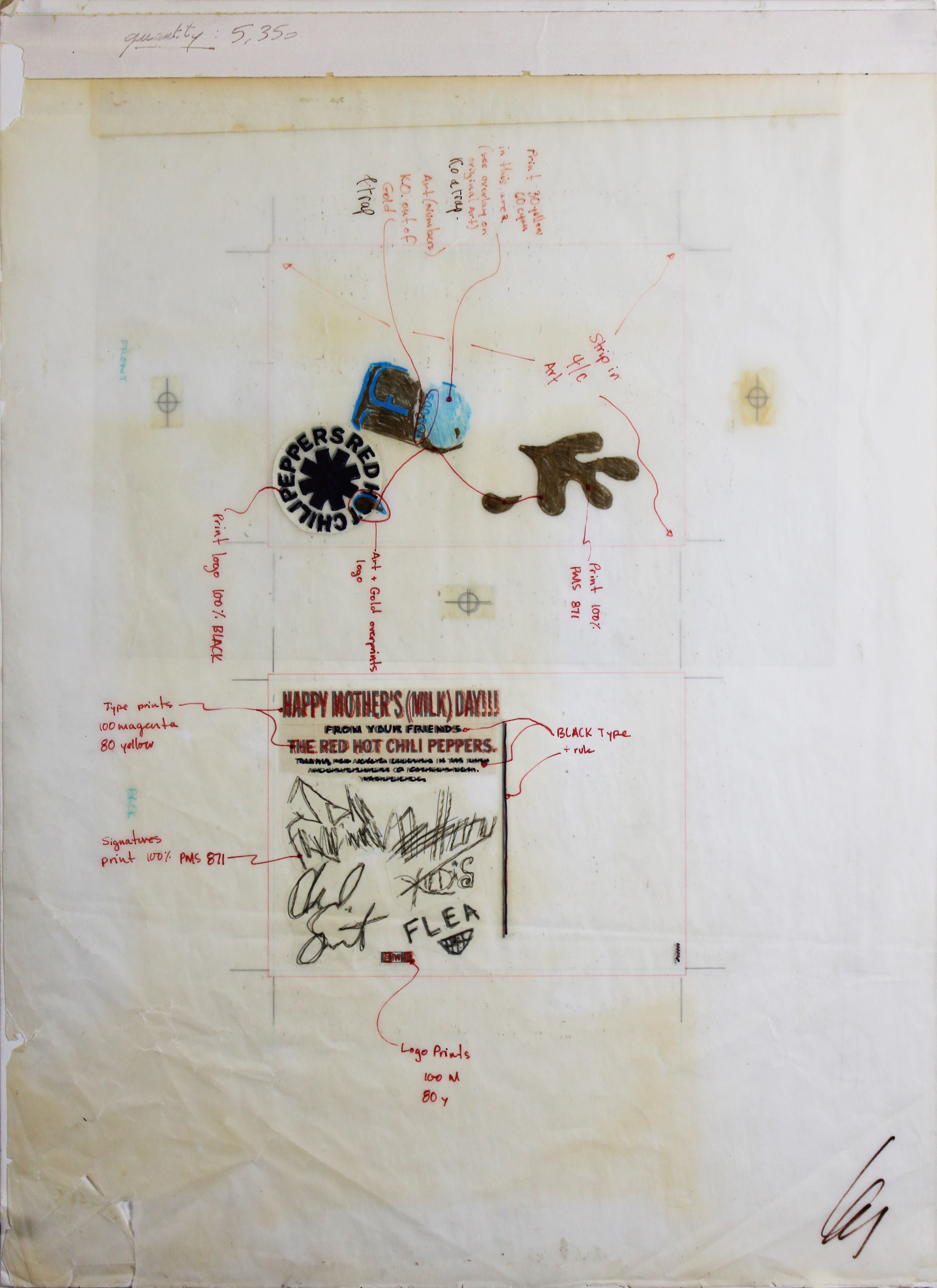 RHCP (4) Kiedis, Flea, +2 Signed 15x20 Mothers Milk Album Mechanical Layout BAS