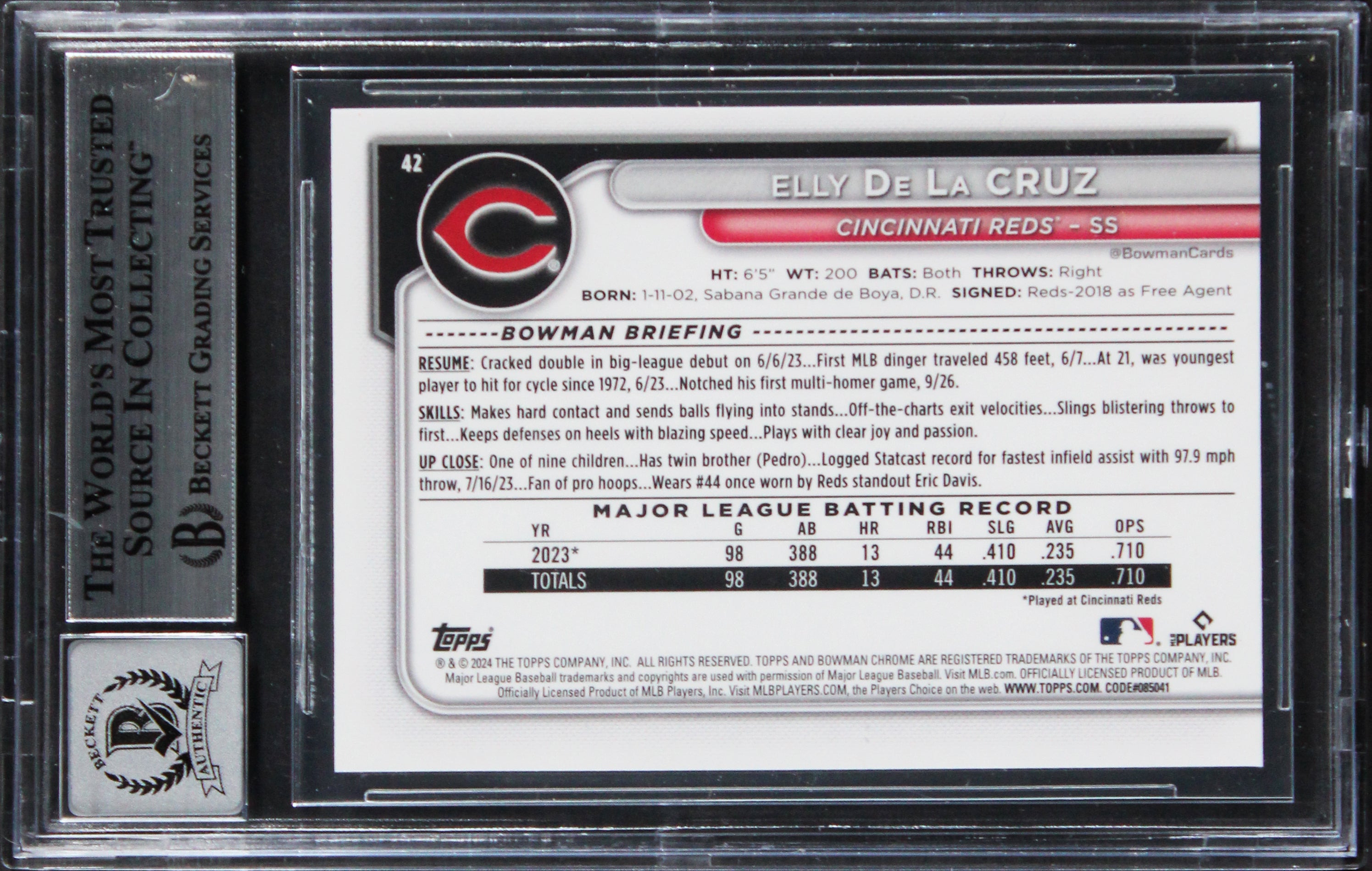 Reds Elly De La Cruz Signed 2024 Bowman Chrome #42 Rookie Card Auto 10! BAS Slab