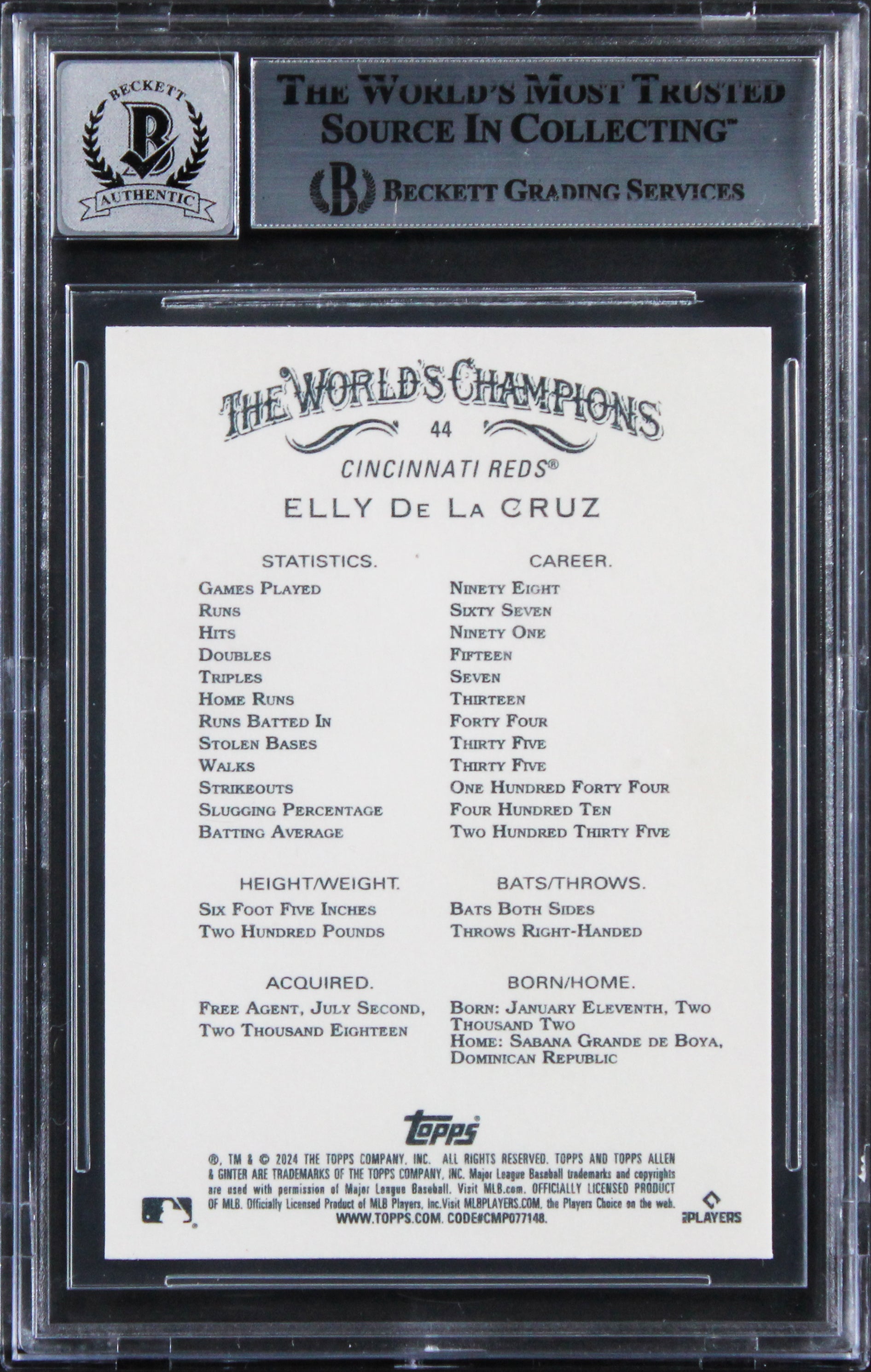 Elly De La Cruz Signed 2024 Topps Allen & Ginter #44 RC Card Auto 10 BAS Slabbed