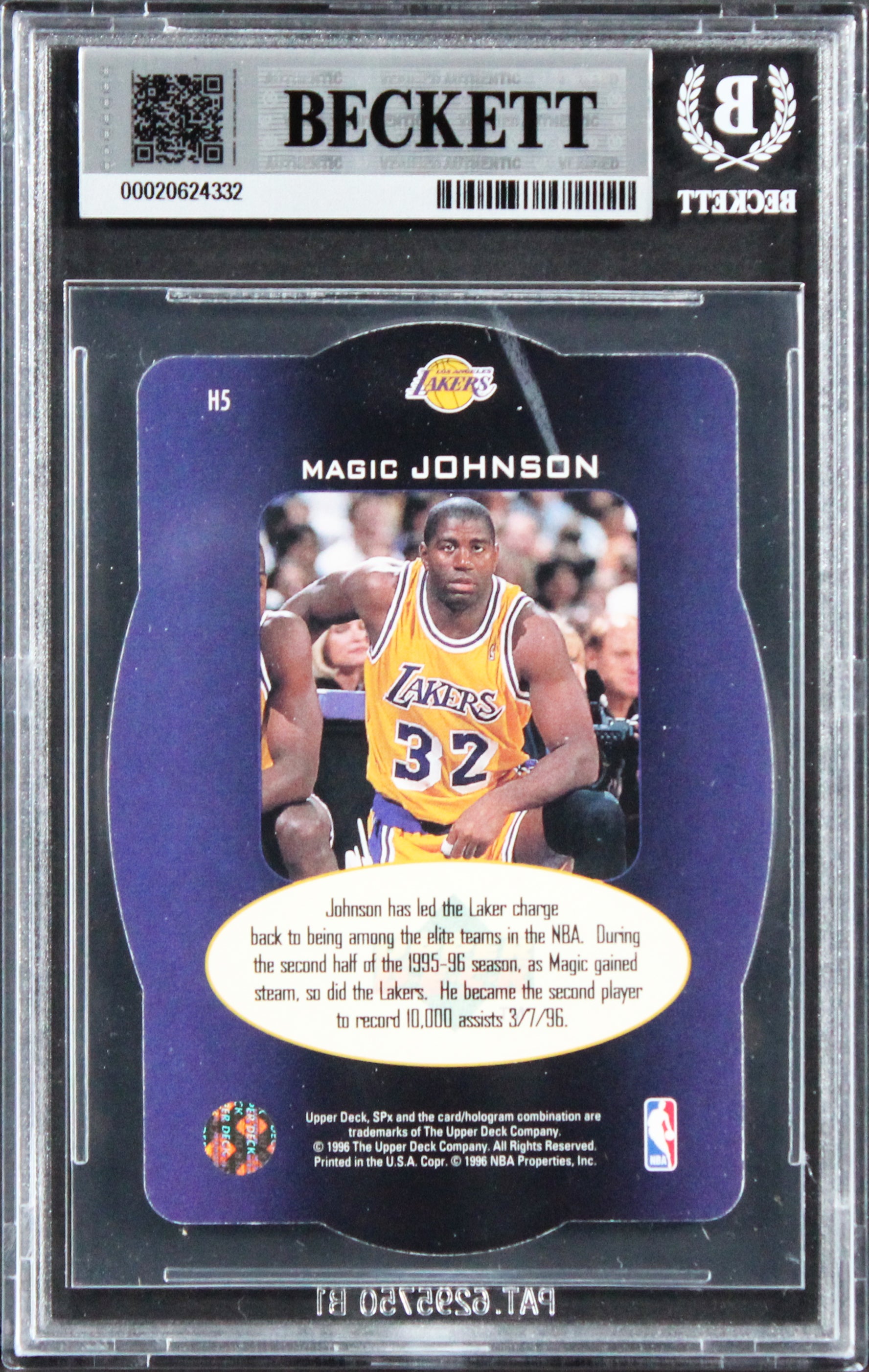 Lakers Magic Johnson 1996 SPX Holoview Heroes #H5 Card Autographed BAS Slabbed