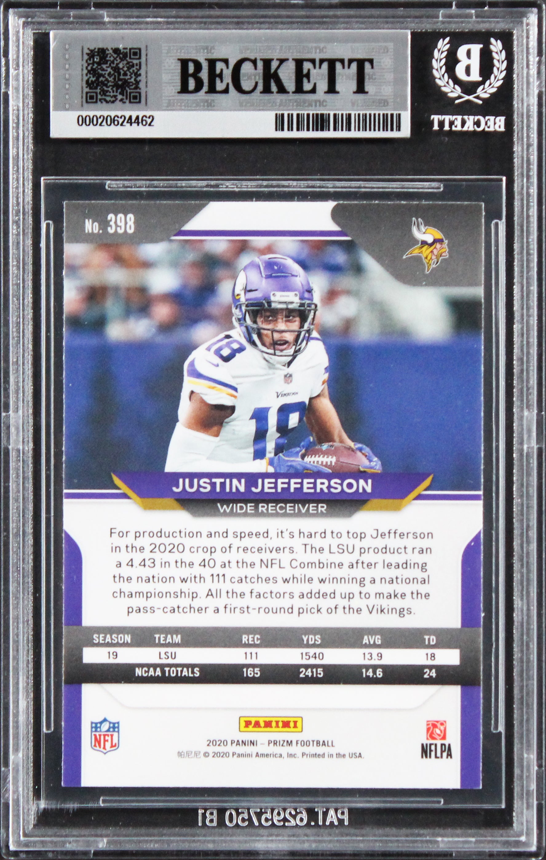 Vikings Justin Jefferson Signed 2020 Panini Prizm #398A Rookie Card BAS Slabbed