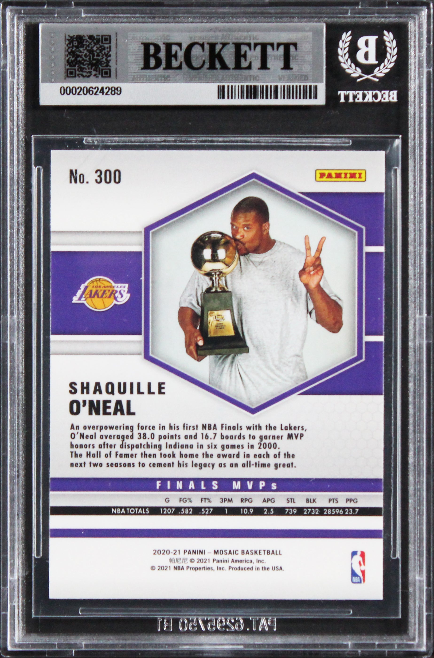 Lakers Shaquille O'Neal Authentic Signed 2020 Panini Mosaic #300 Card BAS Slab