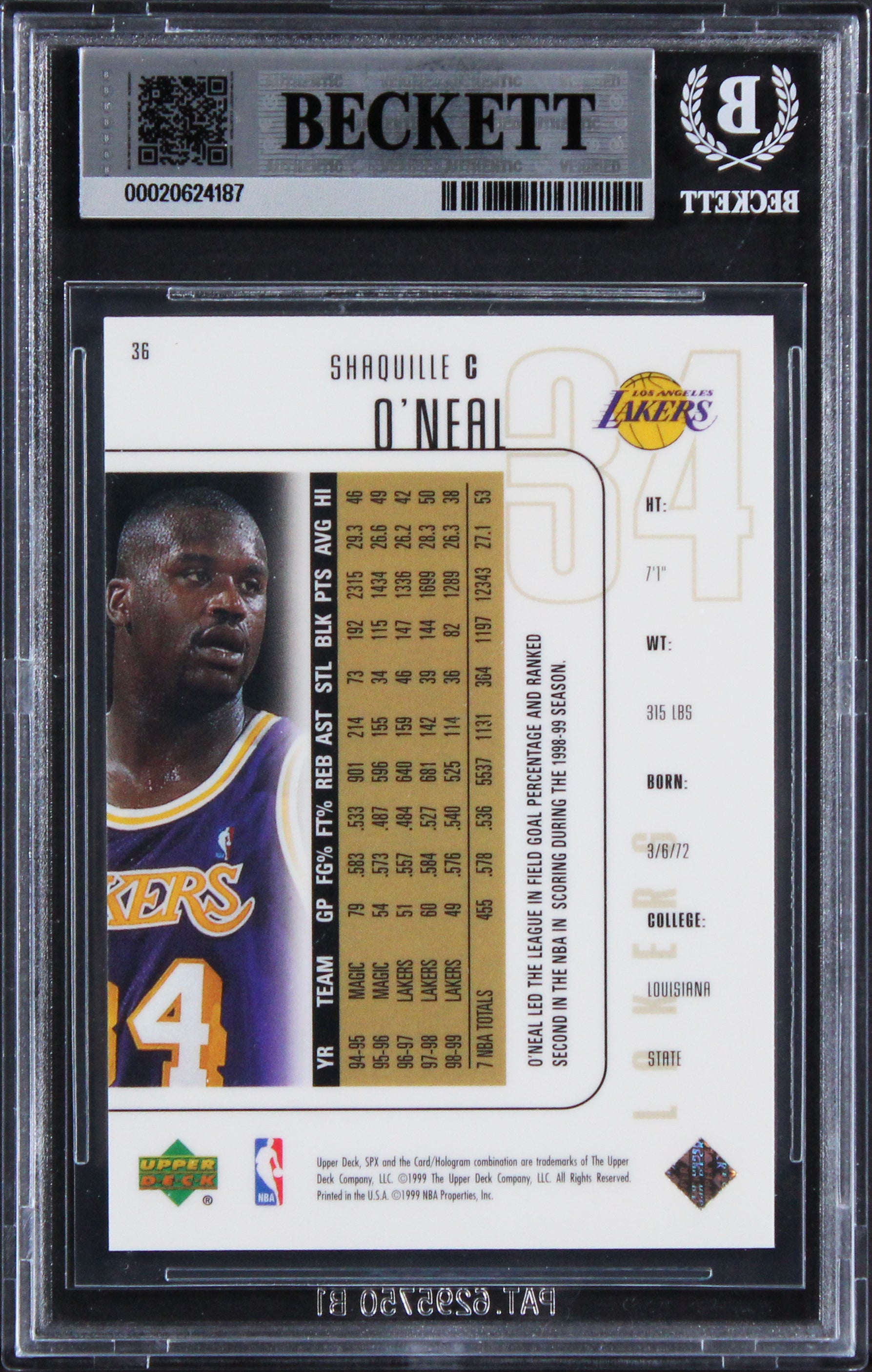 Lakers Shaquille O'Neal Authentic 1999 SPX #36 Card Autographed BAS Slabbed