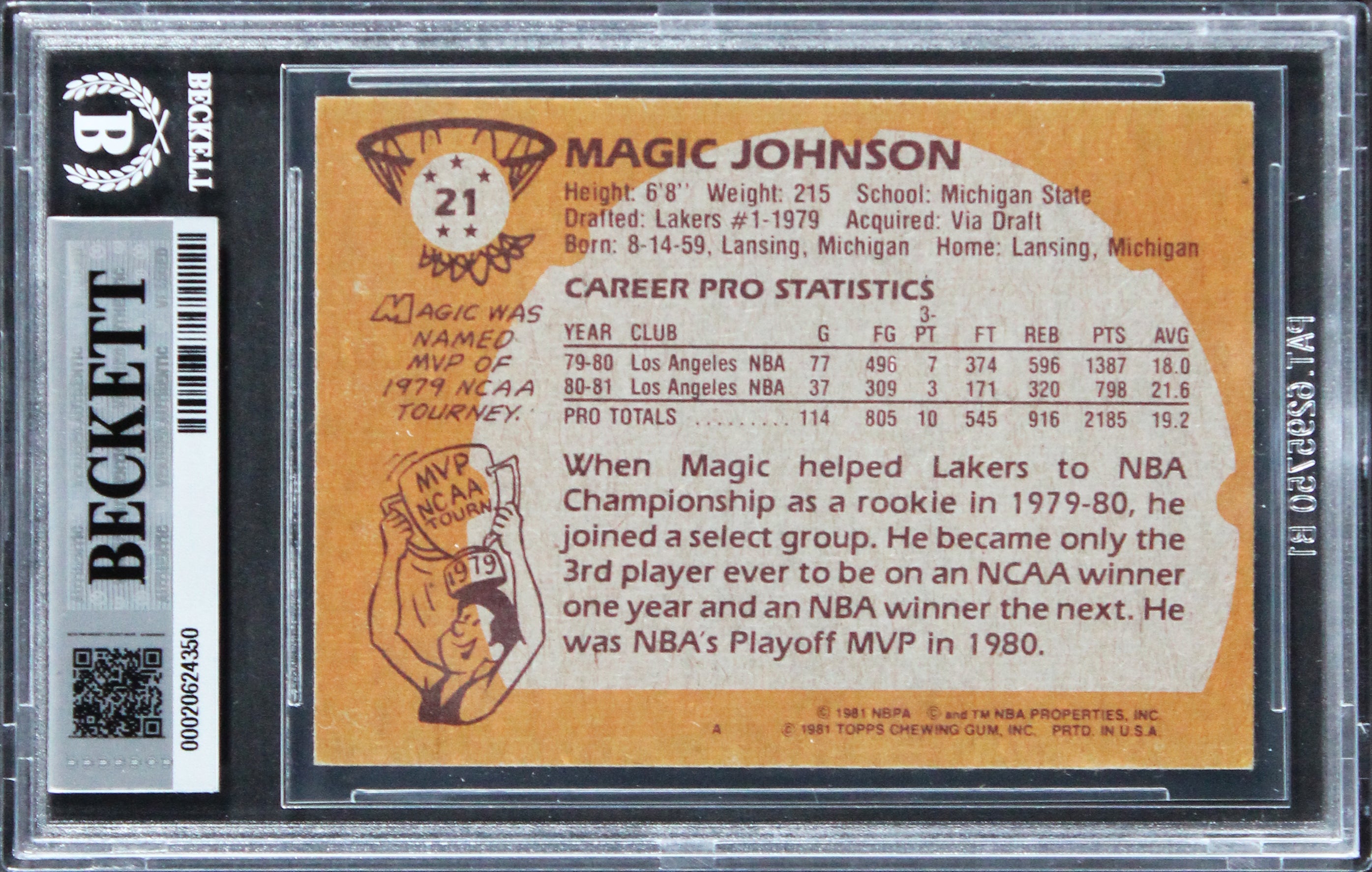 Lakers Magic Johnson "HOF 02" Authentic Signed 1981 Topps #21 Card BAS Slabbed