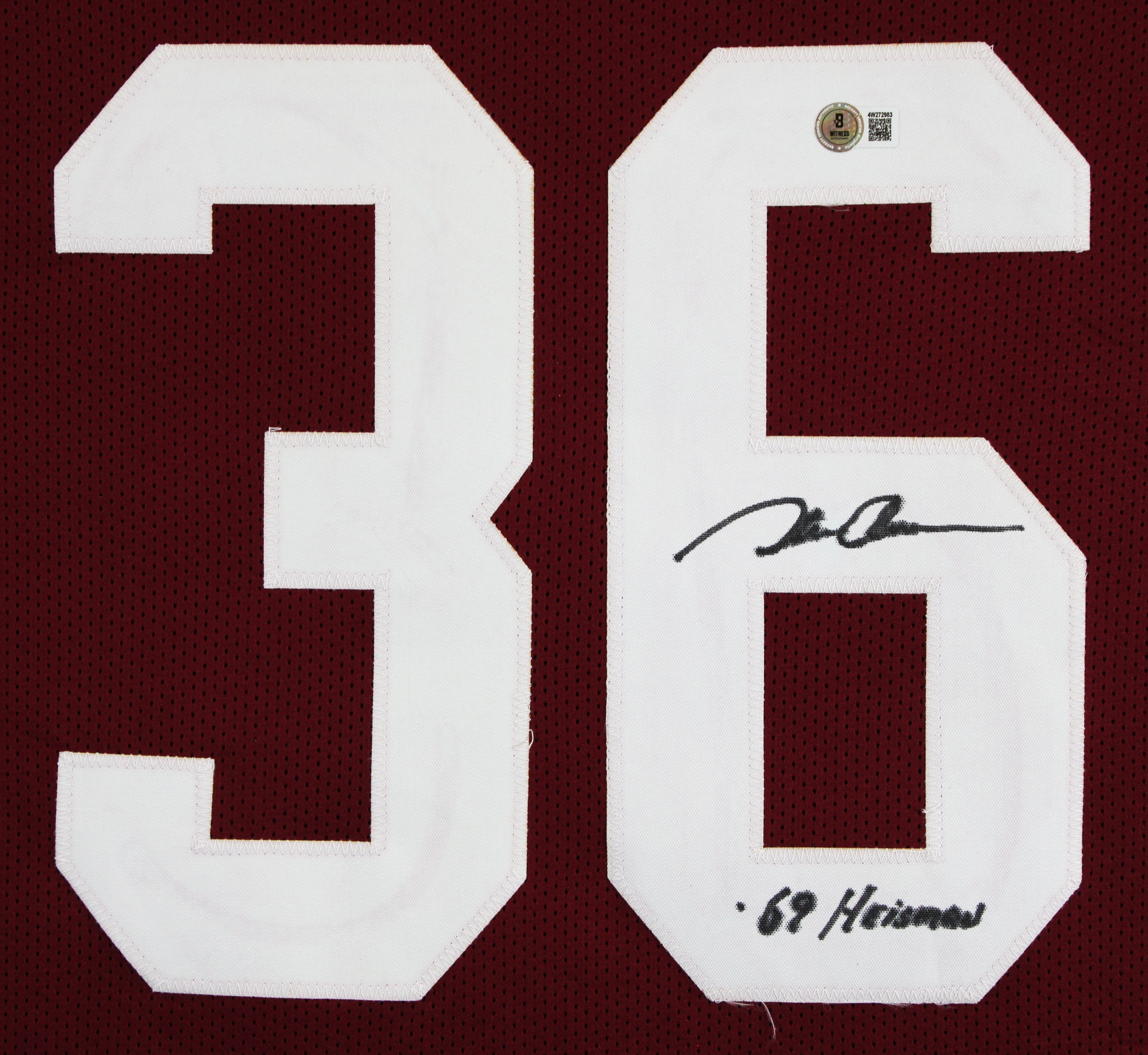 Oklahoma Steve Owens "69 Heisman" Signed Maroon Pro Style Jersey BAS Witnessed 2