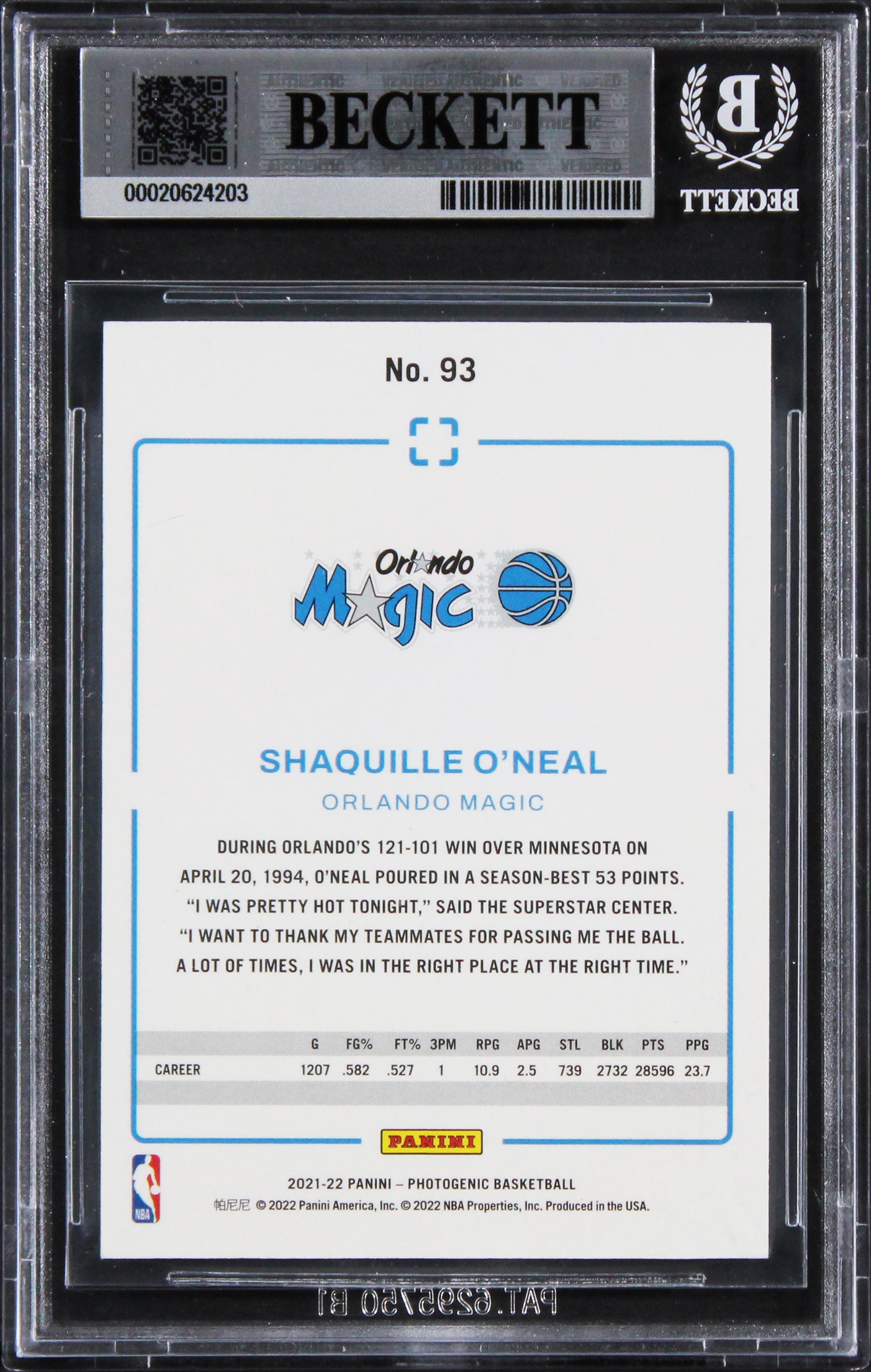 Magic Shaquille O'Neal Authentic Signed 2021 Panini Photogenic #93 Card BAS Slab