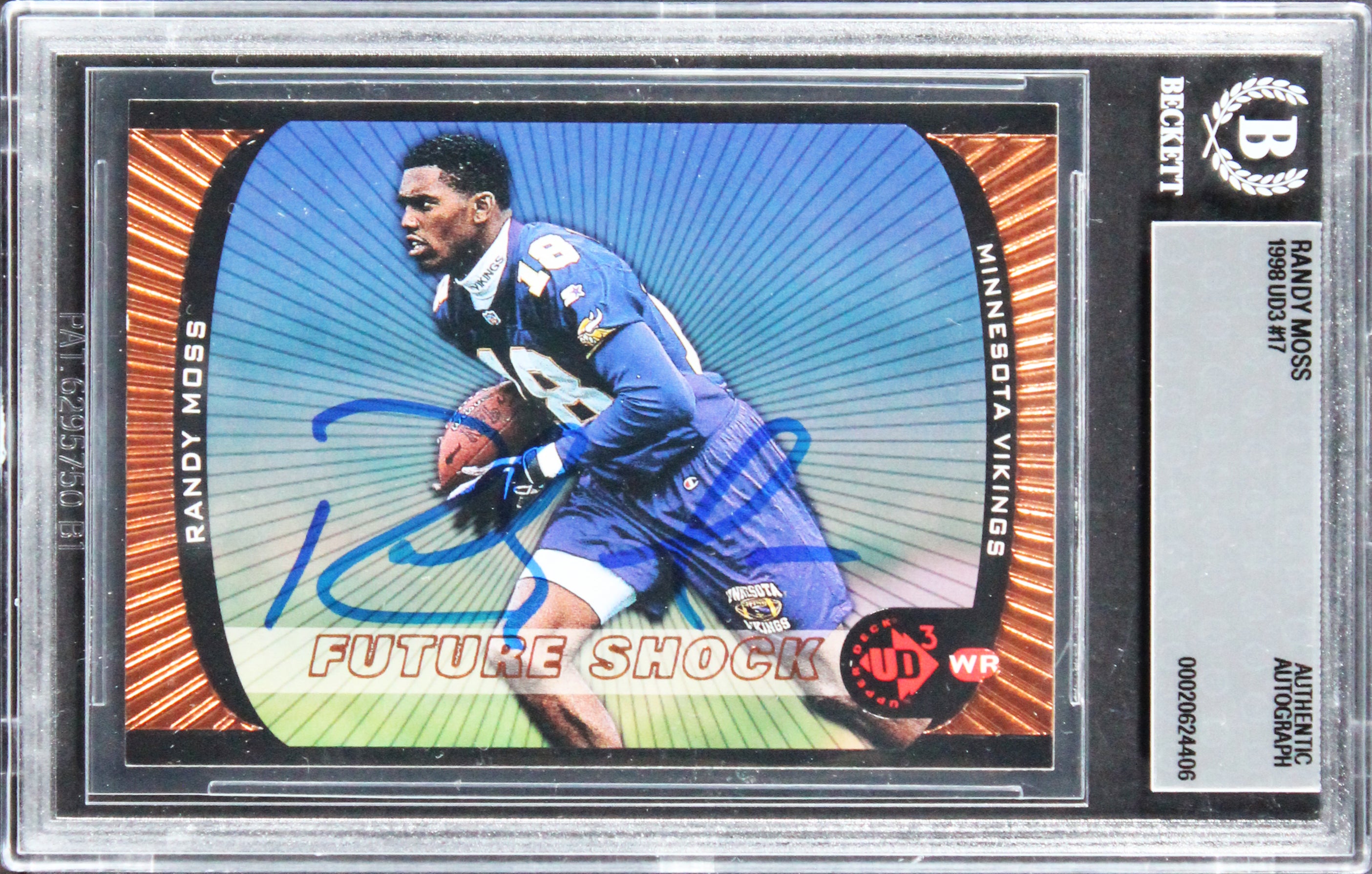 Vikings Randy Moss Authentic 1998 UD3 #17 Rookie Card Autographed BAS Slabbed
