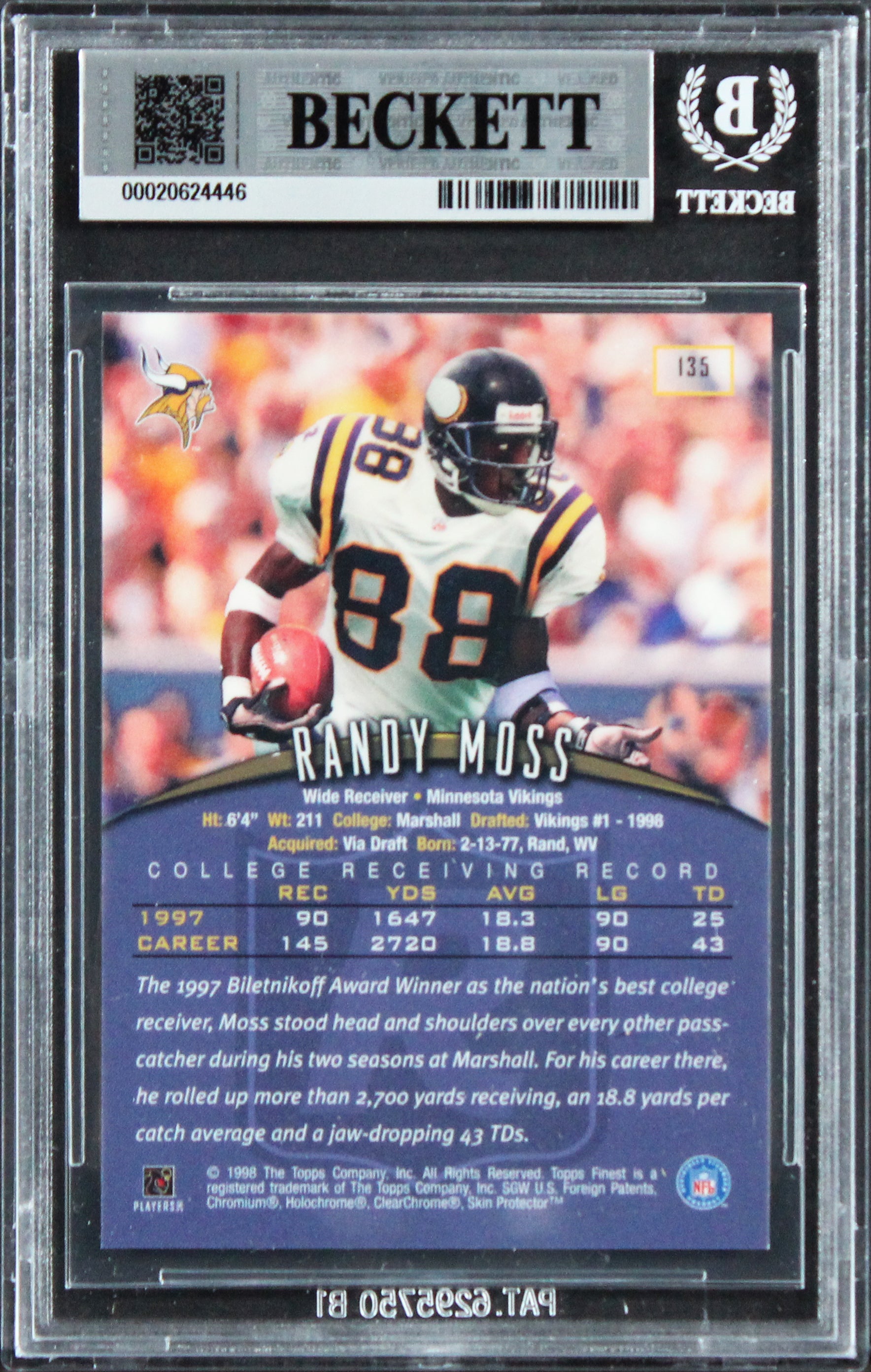 Vikings Randy Moss Authentic Signed 1998 Finest #135 Rookie Card BAS Slabbed