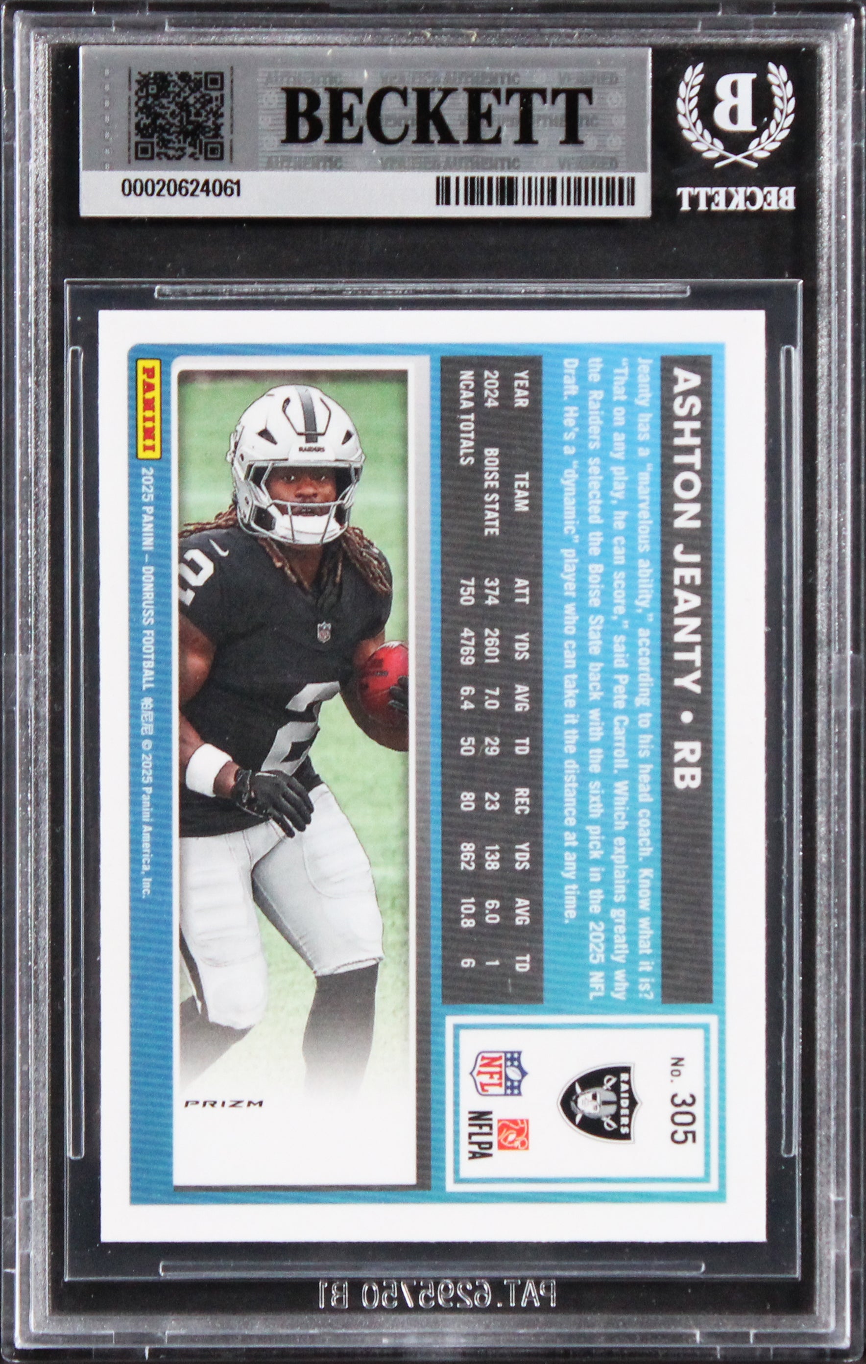 Raiders Ashton Jeanty Signed 2025 Donruss Optic Pink #305 Rookie Card BAS Slab 2