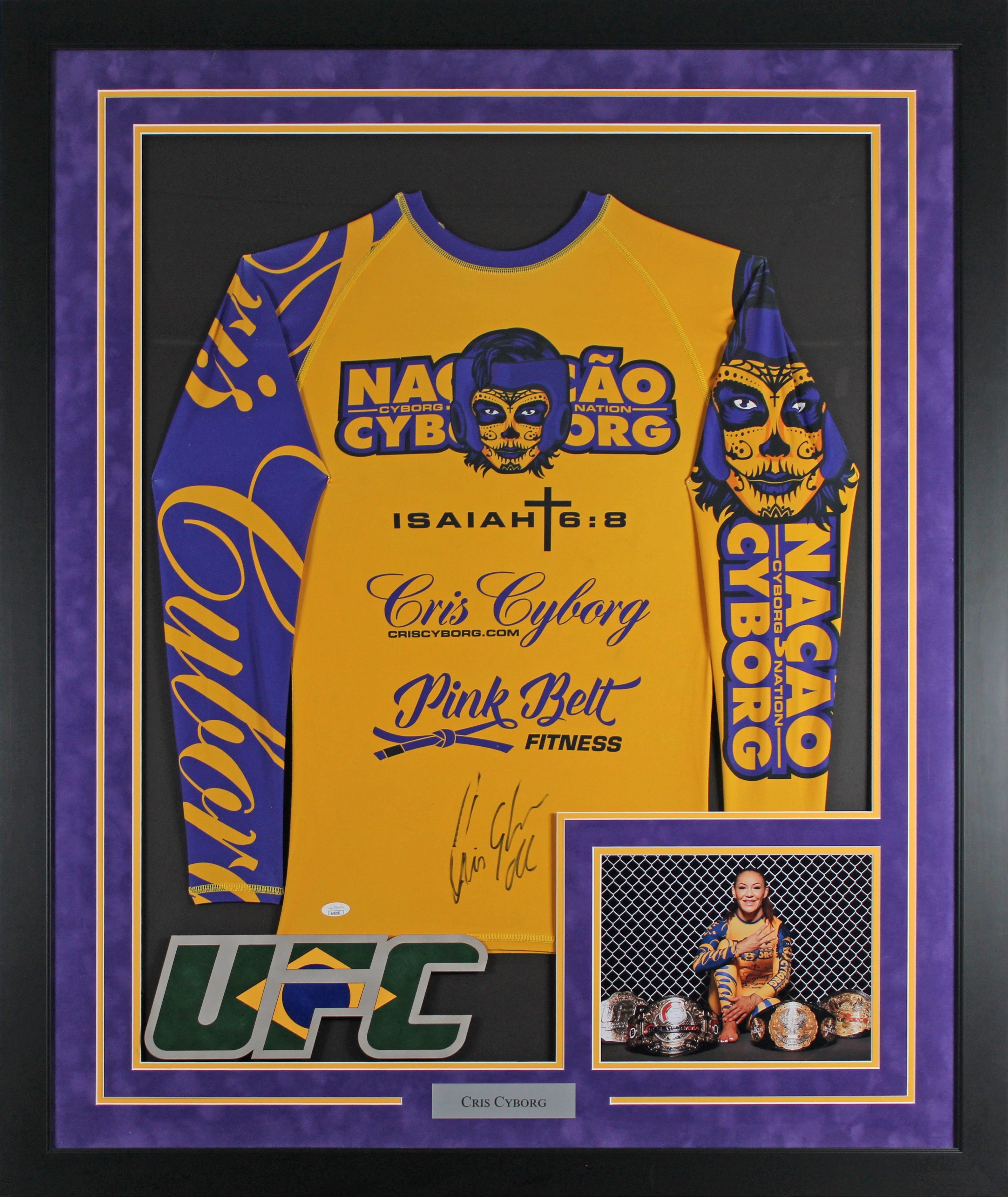UFC Cris Cyborg Signed Yellow & Blue Training Framed Shirt JSA #AJ97881