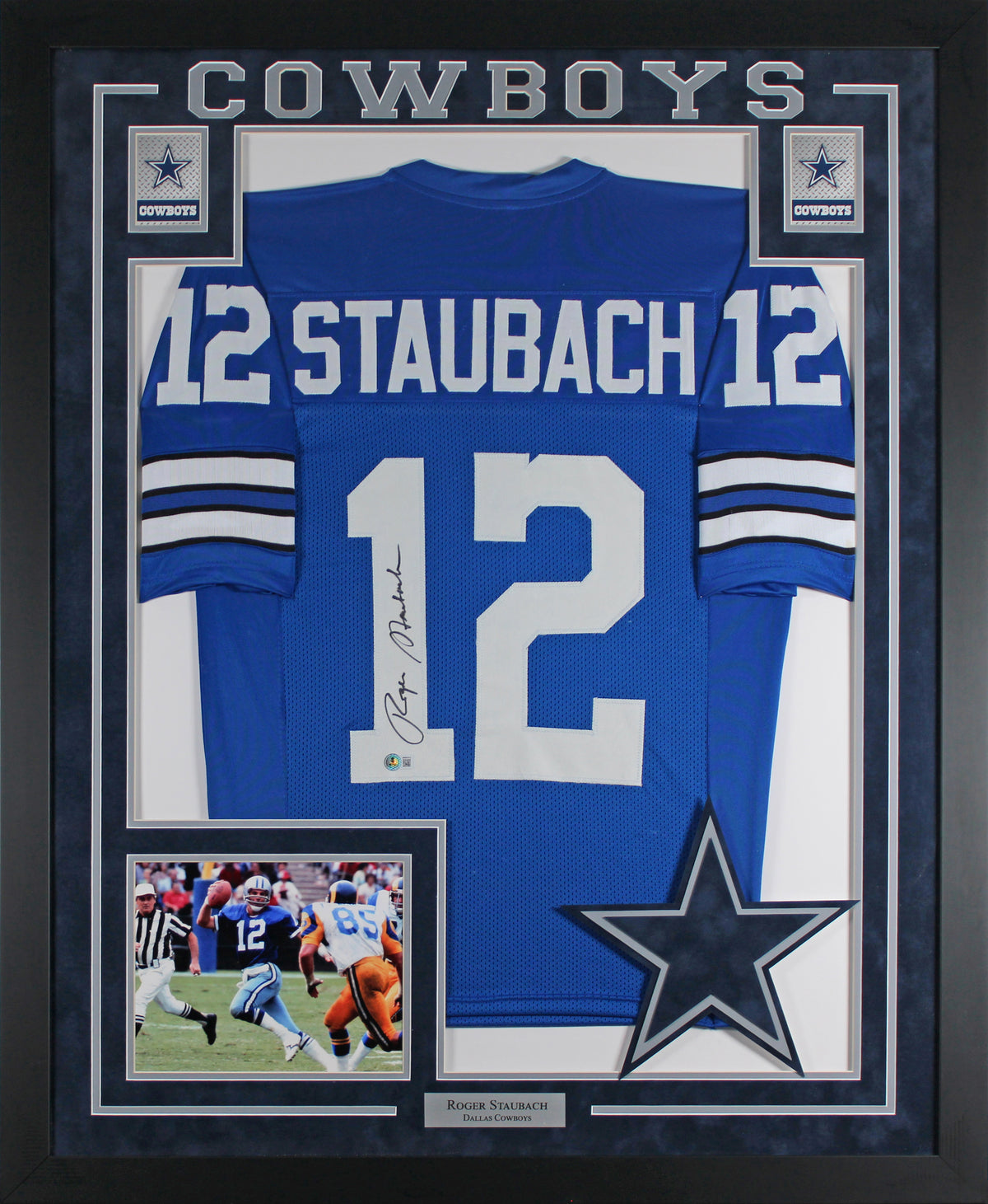 Roger Staubach Authentic Signed Blue Pro Style Framed Jersey BAS Wit #2W097513