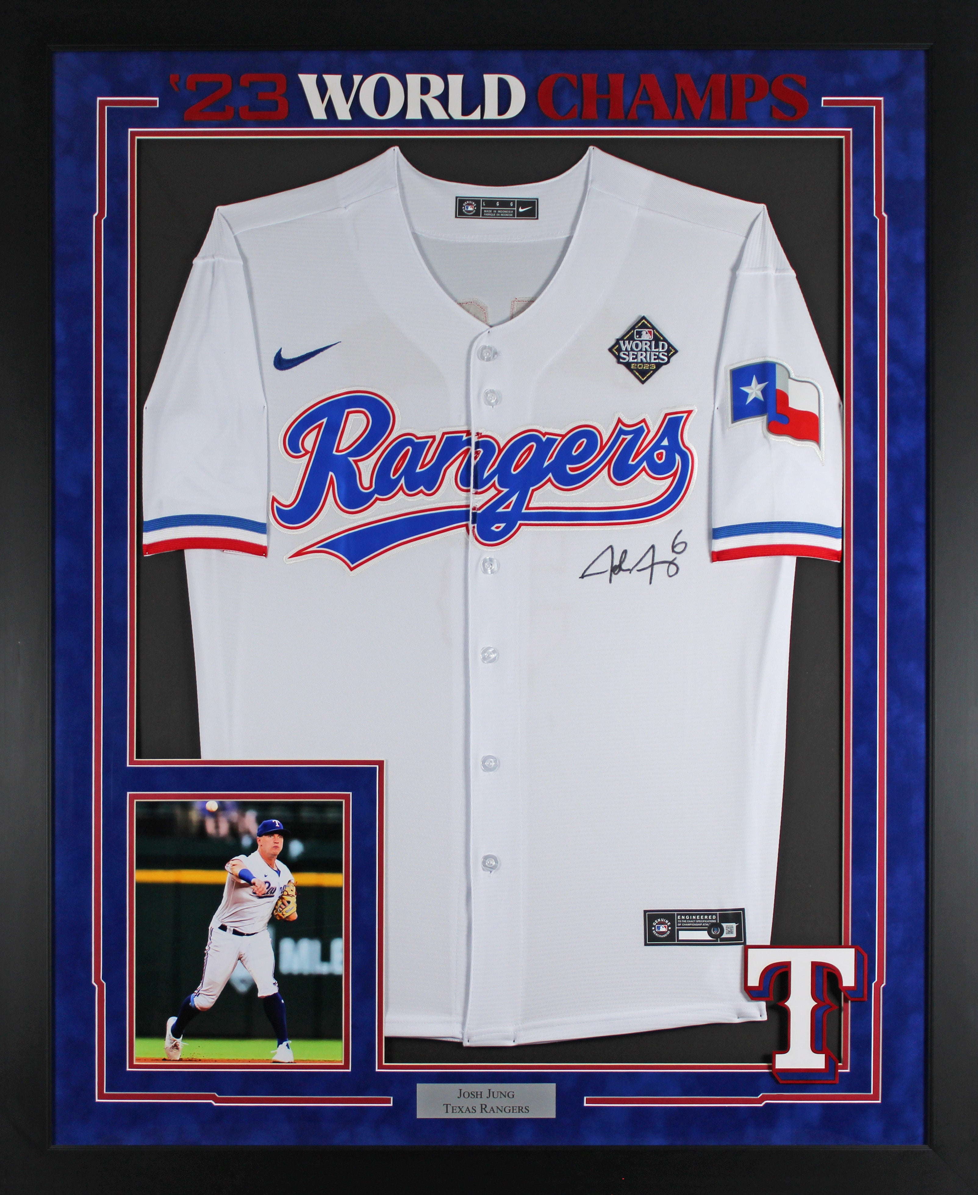 Rangers Josh Jung Signed White Nike Framed Jersey w/ 2023 WS Patch BAS Witnessed