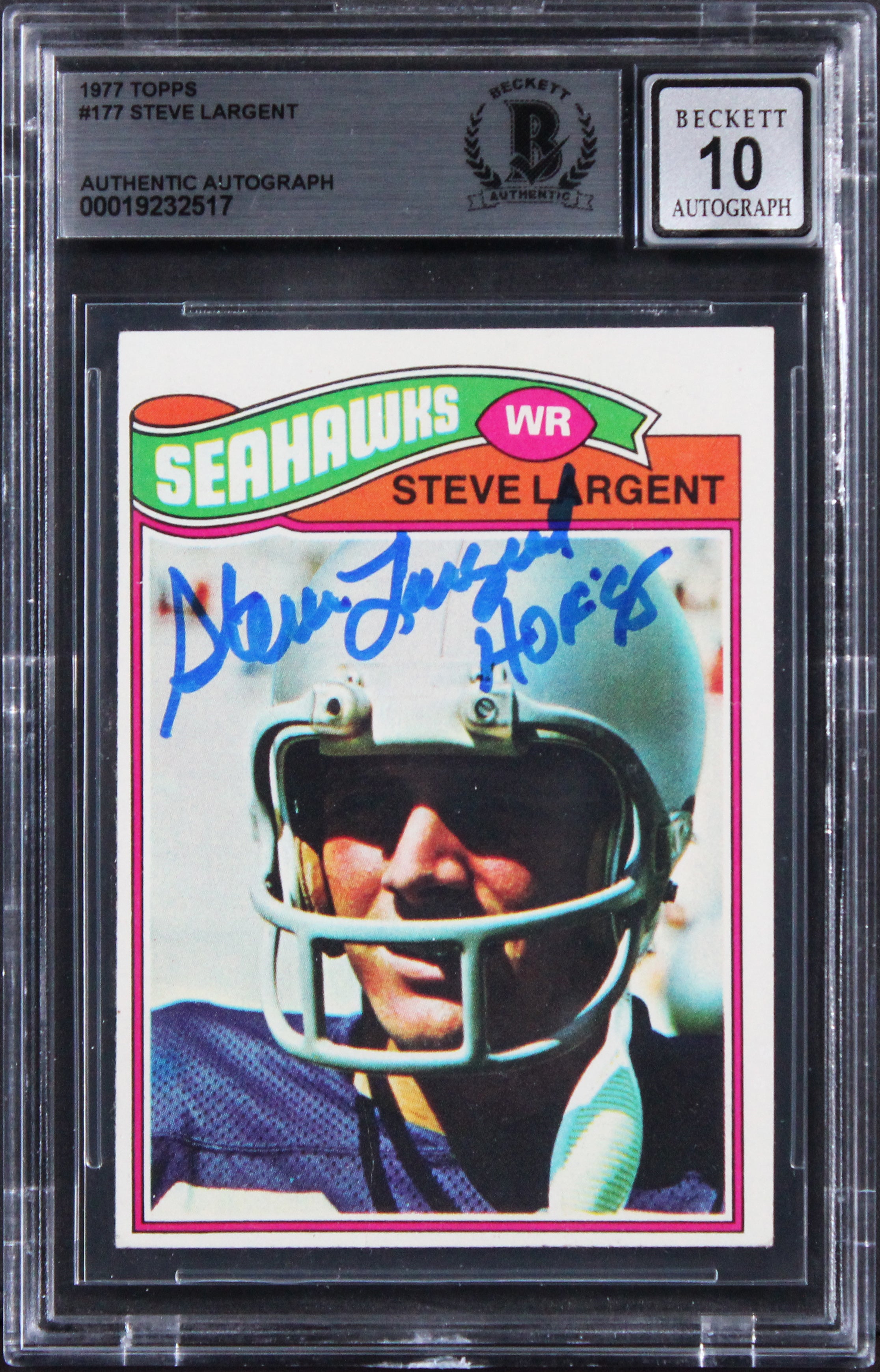 Seahawks Steve Largent "HOF 96" Signed 1977 Topps #177 Card Auto 10! BAS Slab 1