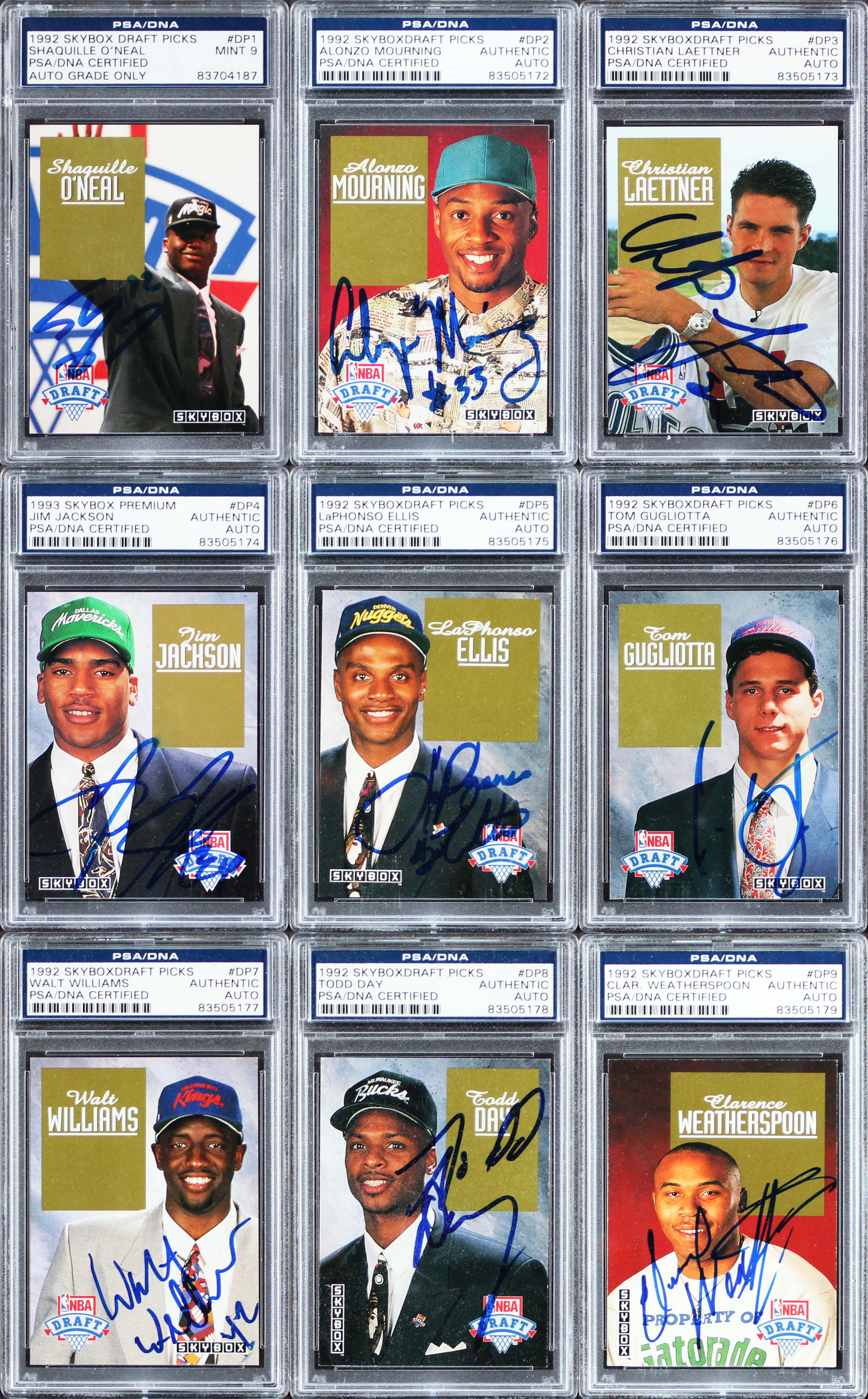 Complete Signed 1992 Skybox Draft Picks Set (27) w/ Shaq, Mourning Card PSA Slab