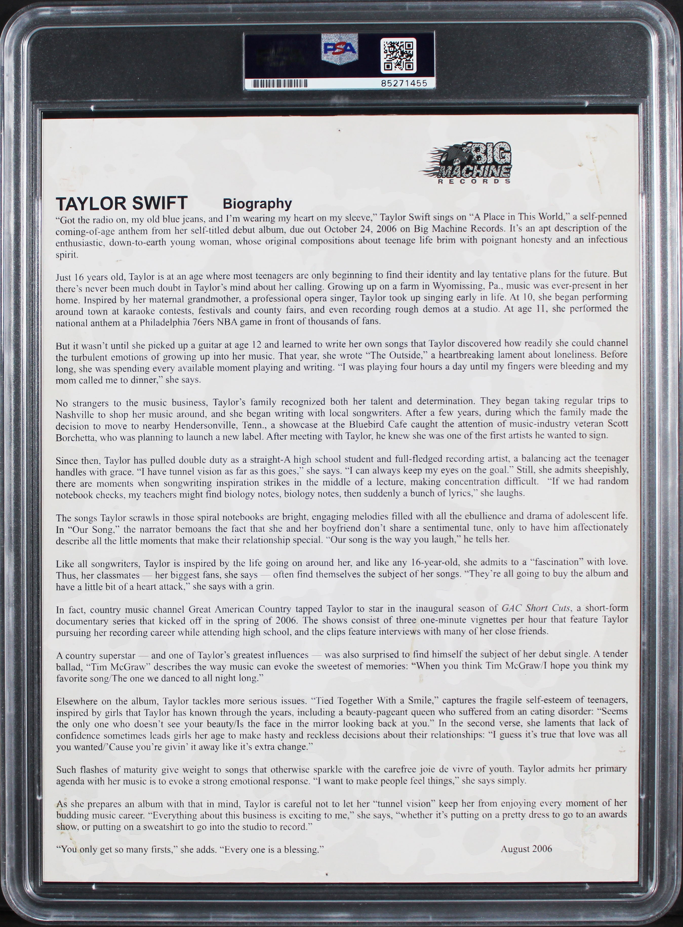 Taylor Swift "Kayla" Authentic Signed 8.5x11 Promotional Photo PSA/DNA Slabbed